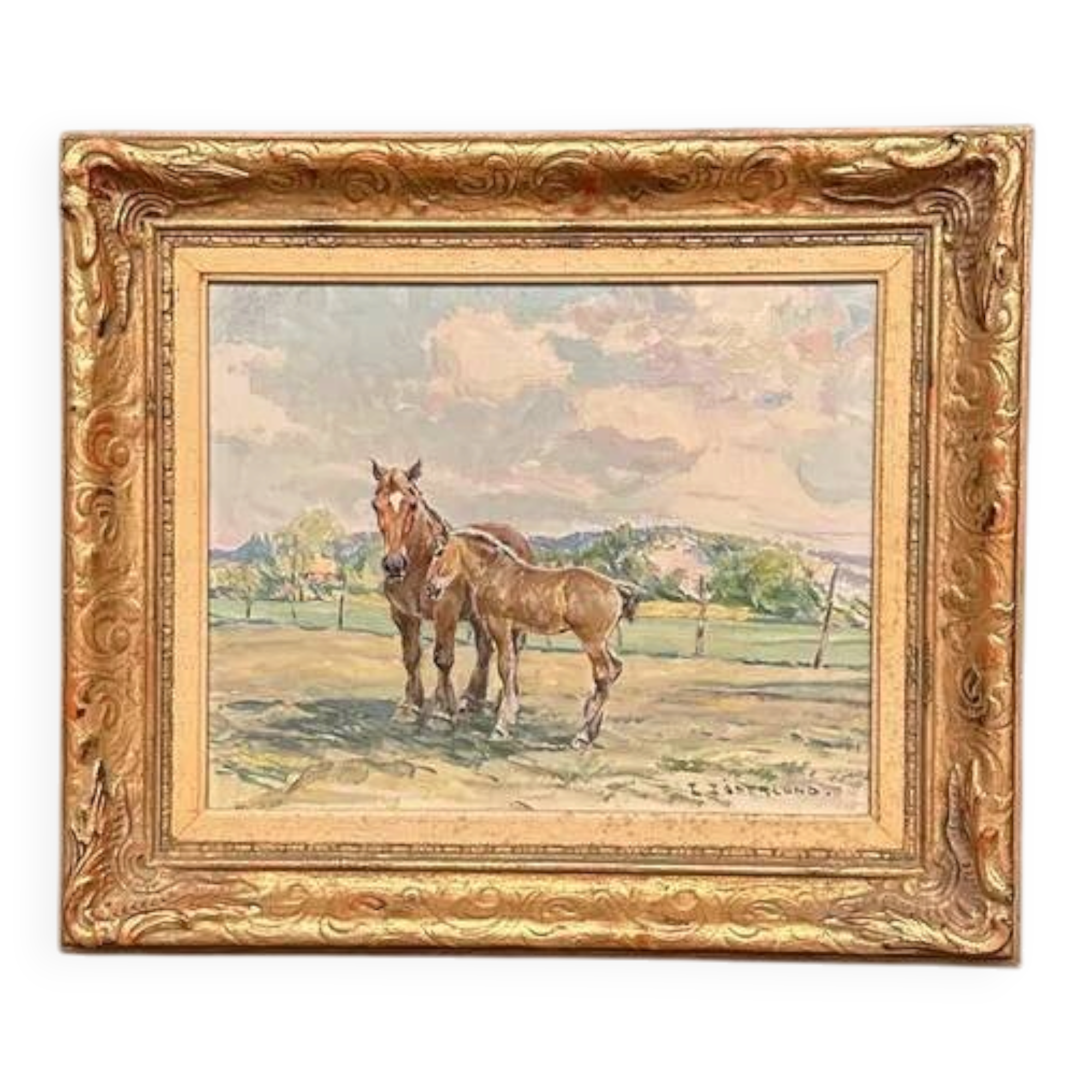 Original Vintage Swedish Oil on Panel – “Horses in a Pasture” by Einar Söderlund – Signed – Vintage & Framed
