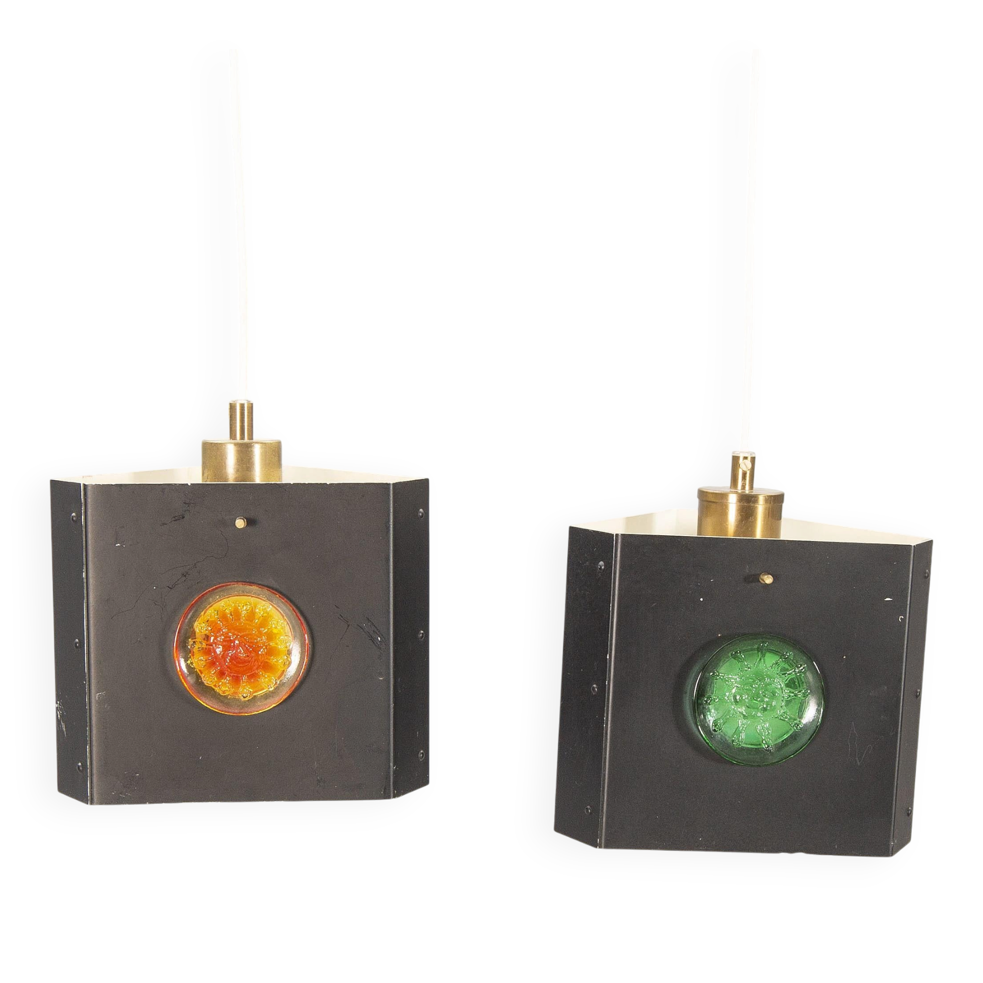Pair of triangular pendant lamps by Hans Bergstrom, Sweden, 1950.
