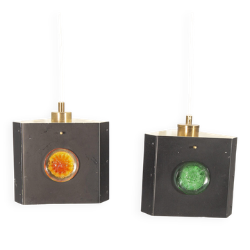 Pair of triangular pendant lamps by Hans Bergstrom, Sweden, 1950.