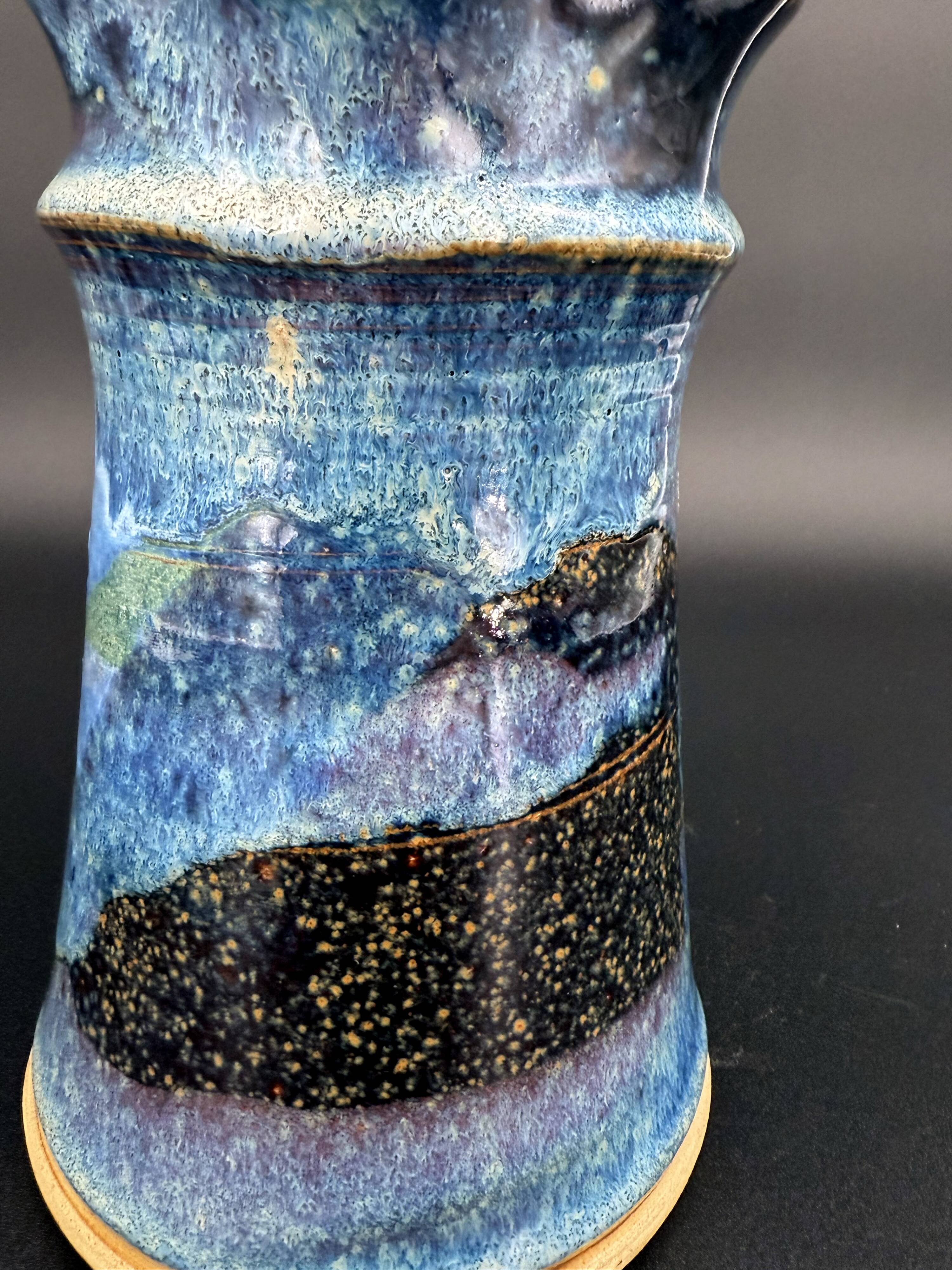 Blue foam glazed stoneware pitcher—Signed art ceramic