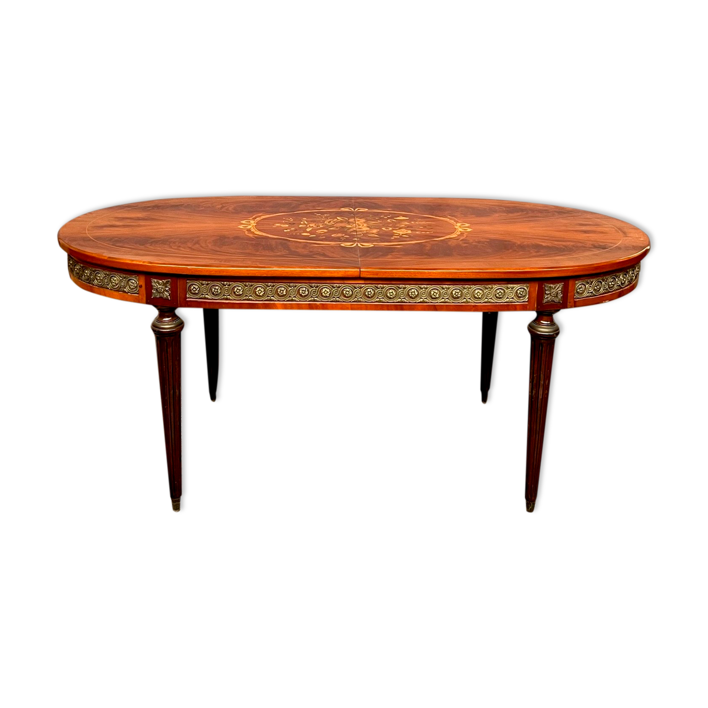 Louis XVI style oval dining table with rosewood marquetry extension mounted in bronze