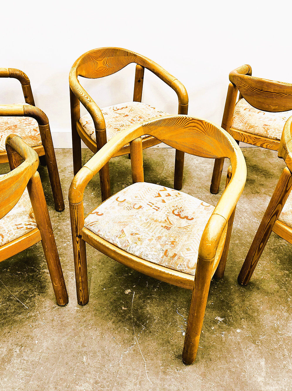 Set of six Rainer Daumiller pine wood arm chairs, 1970s