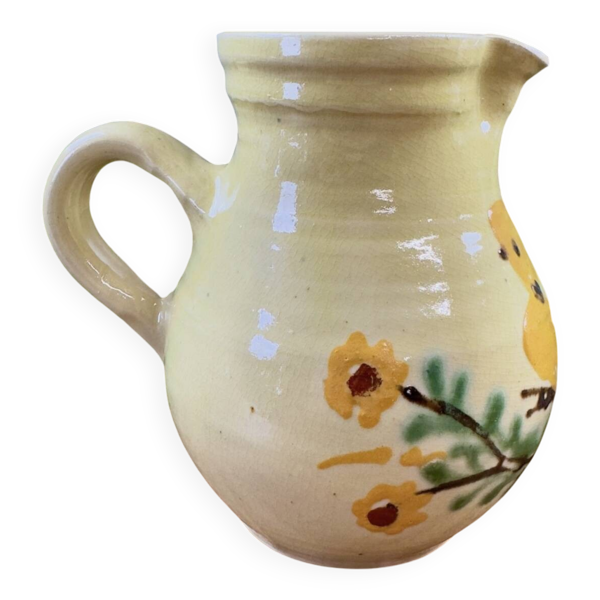 Pichet en poterie savoyarde, décor oiseau