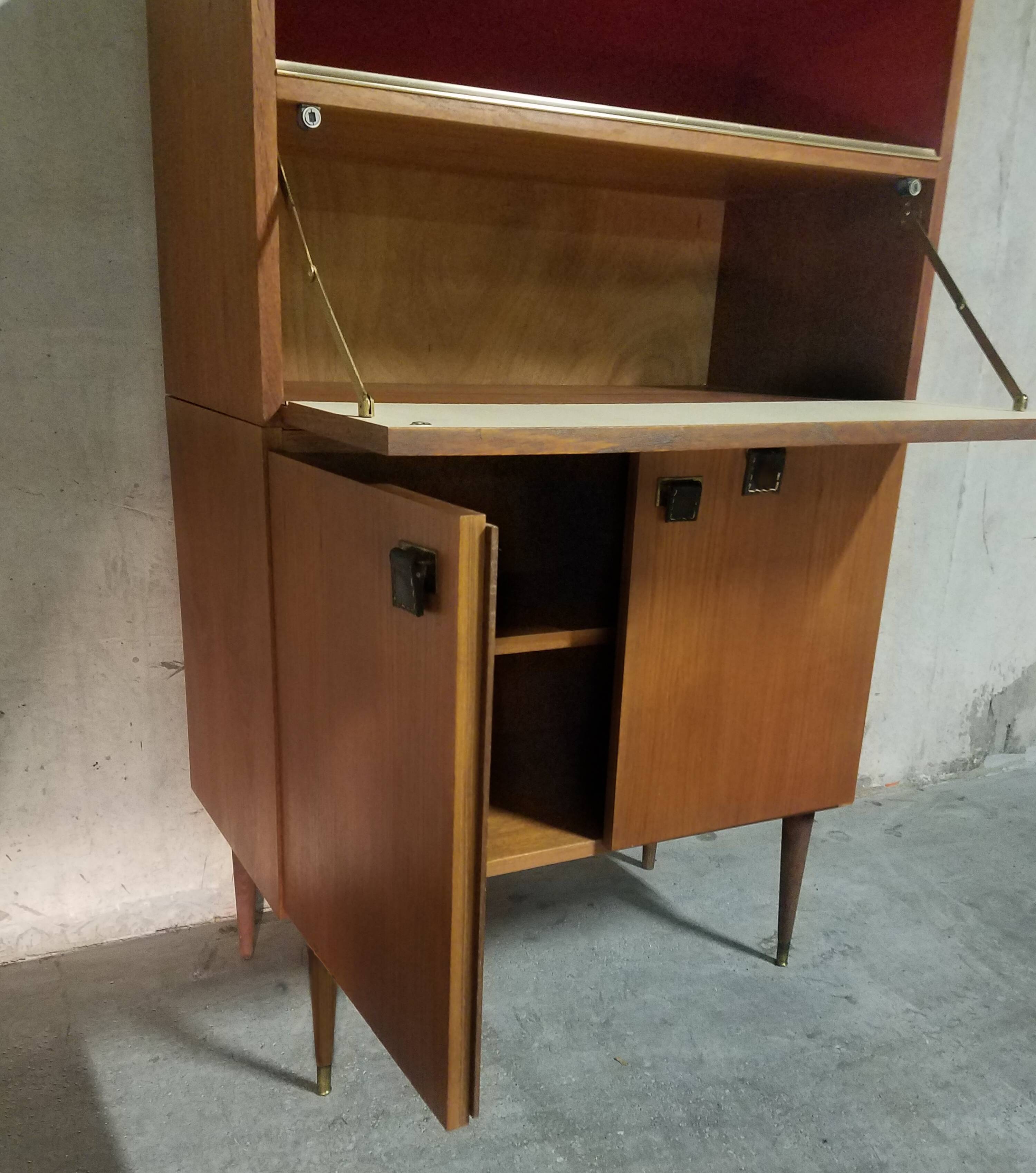 Teak bar cabinet and teak veneer, saddle leather and brass handles