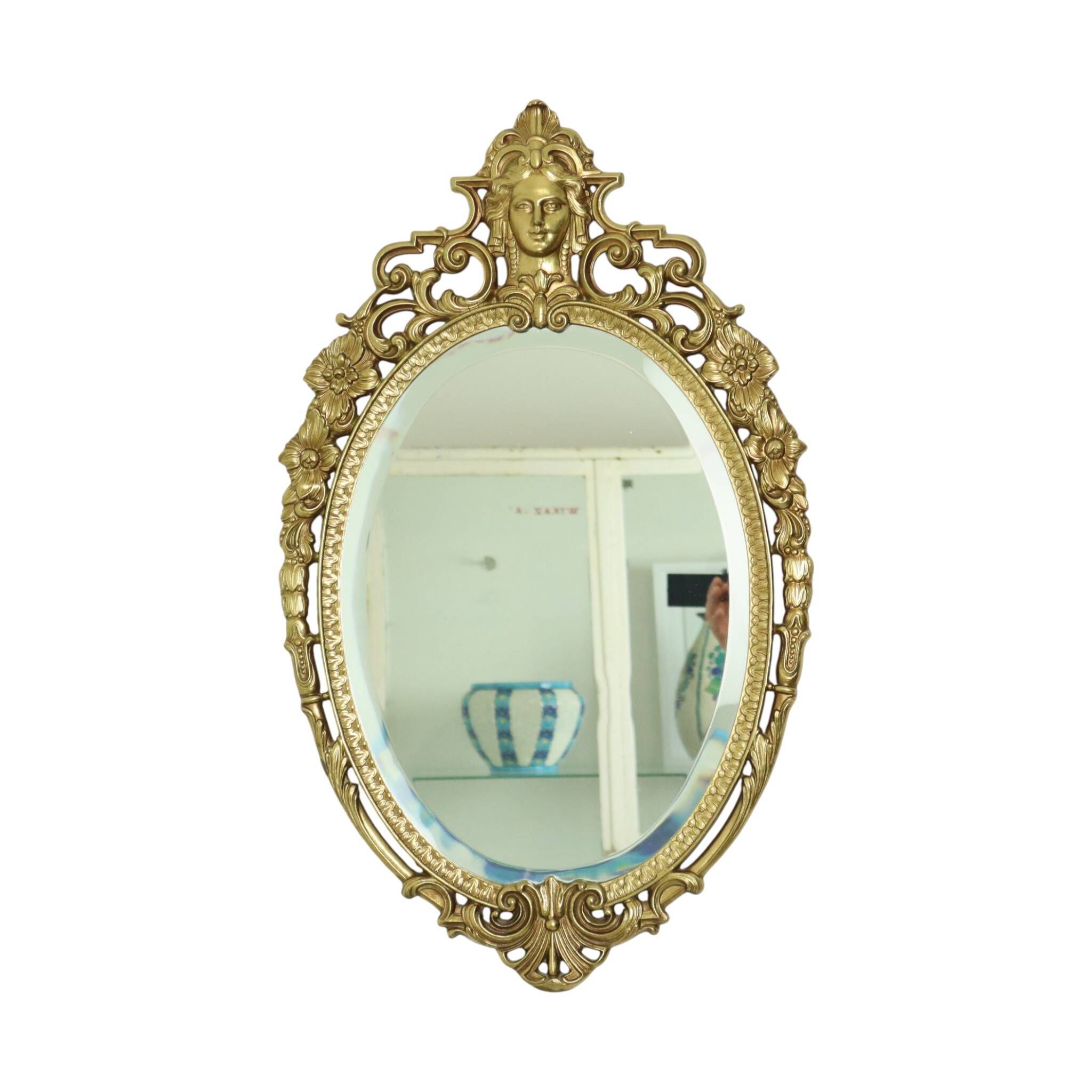 French Brass Crested Mirror Gold Baroque Louis XV Style 1950s