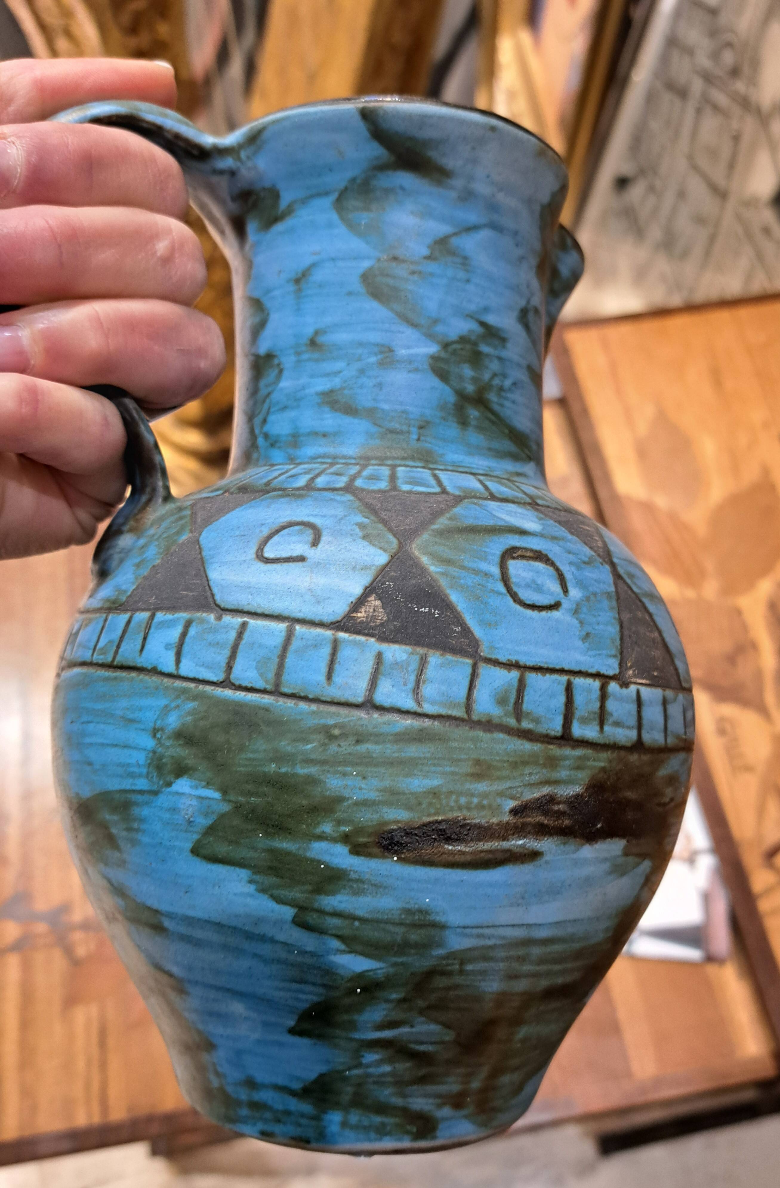 Carafe en céramique de VALLAURIS signée Alain MAUNIER et sa coupelle