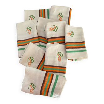 8 vintage orange and green striped napkins with JB monogram