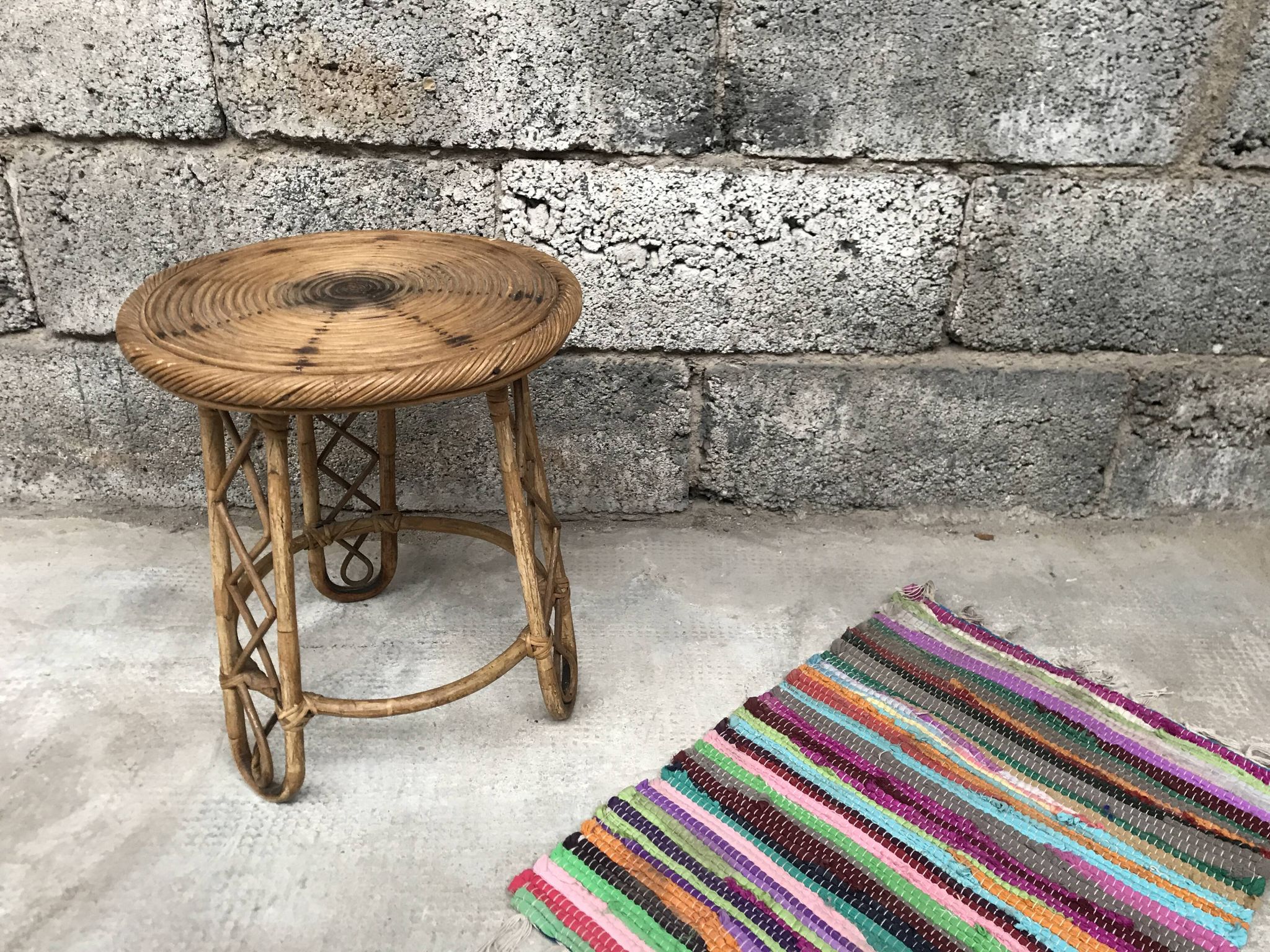 Bamboo stool 50s Decoration natural wood rattan wicker Vintage Plant Door