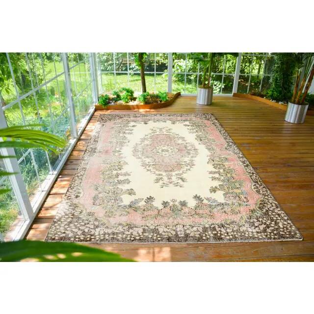 1970s Vintage Turkish Oushak Handmade Wool Cotton Beige Area Rug 179x311