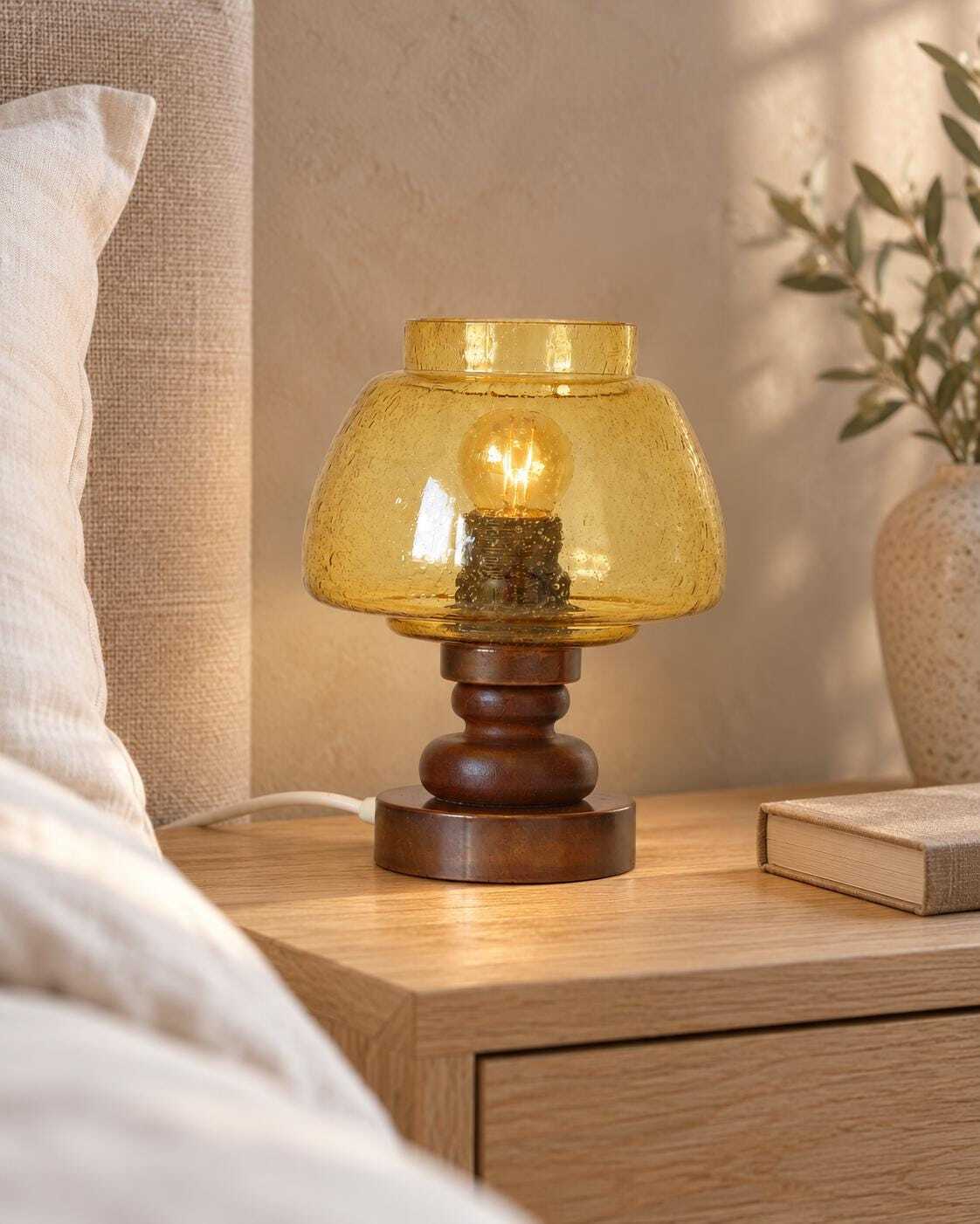 Pair Vintage Amber Glass Bedside Lamps, Copper Wood, Yugoslavia 1980s
