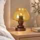 Pair Vintage Amber Glass Bedside Lamps, Copper Wood, Yugoslavia 1980s