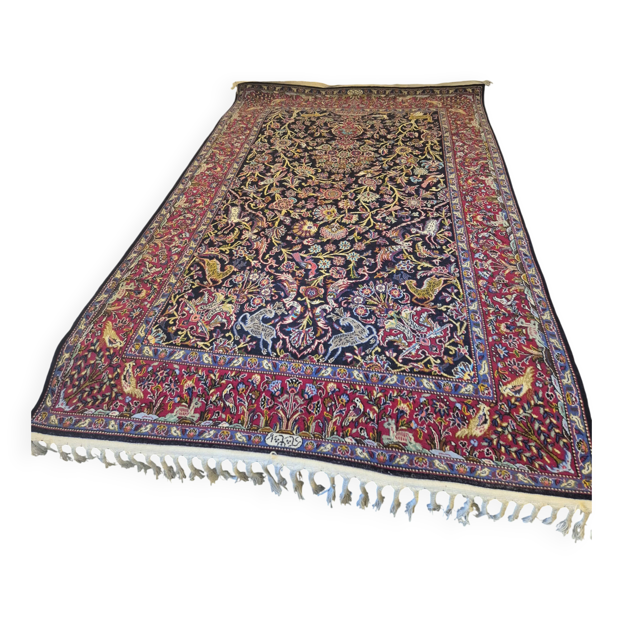 Grand Tapis Kashan Chasse Bleu Nuit 146x222 – Scène Animée