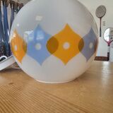 Suspension ball in opaline white geometric patterns orange and blue years 60/70
