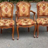 2 Louis XV chairs in solid wood and red-yellow fabric