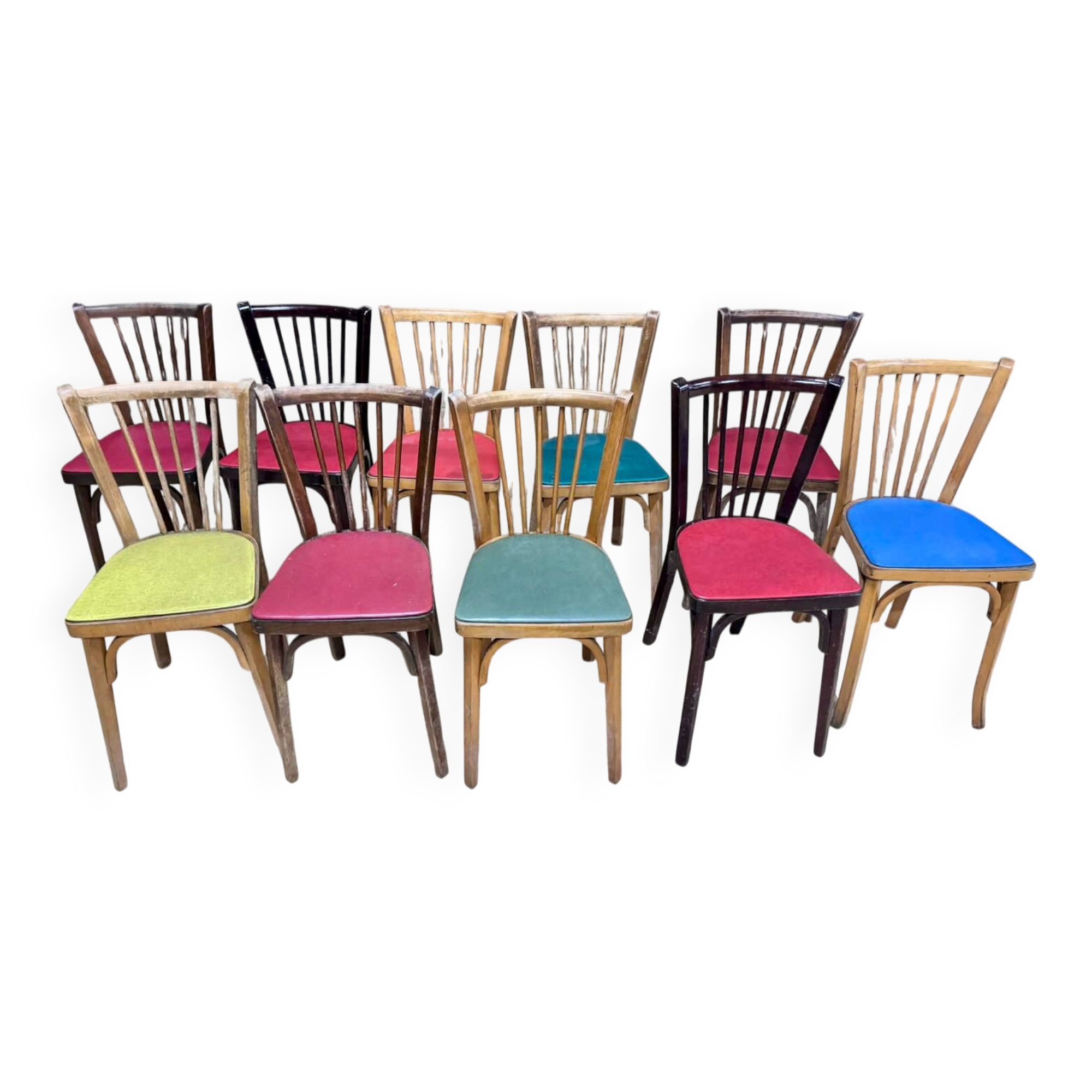 Set of 10 Baumann bistro chairs with curved wood and Skaï seat.