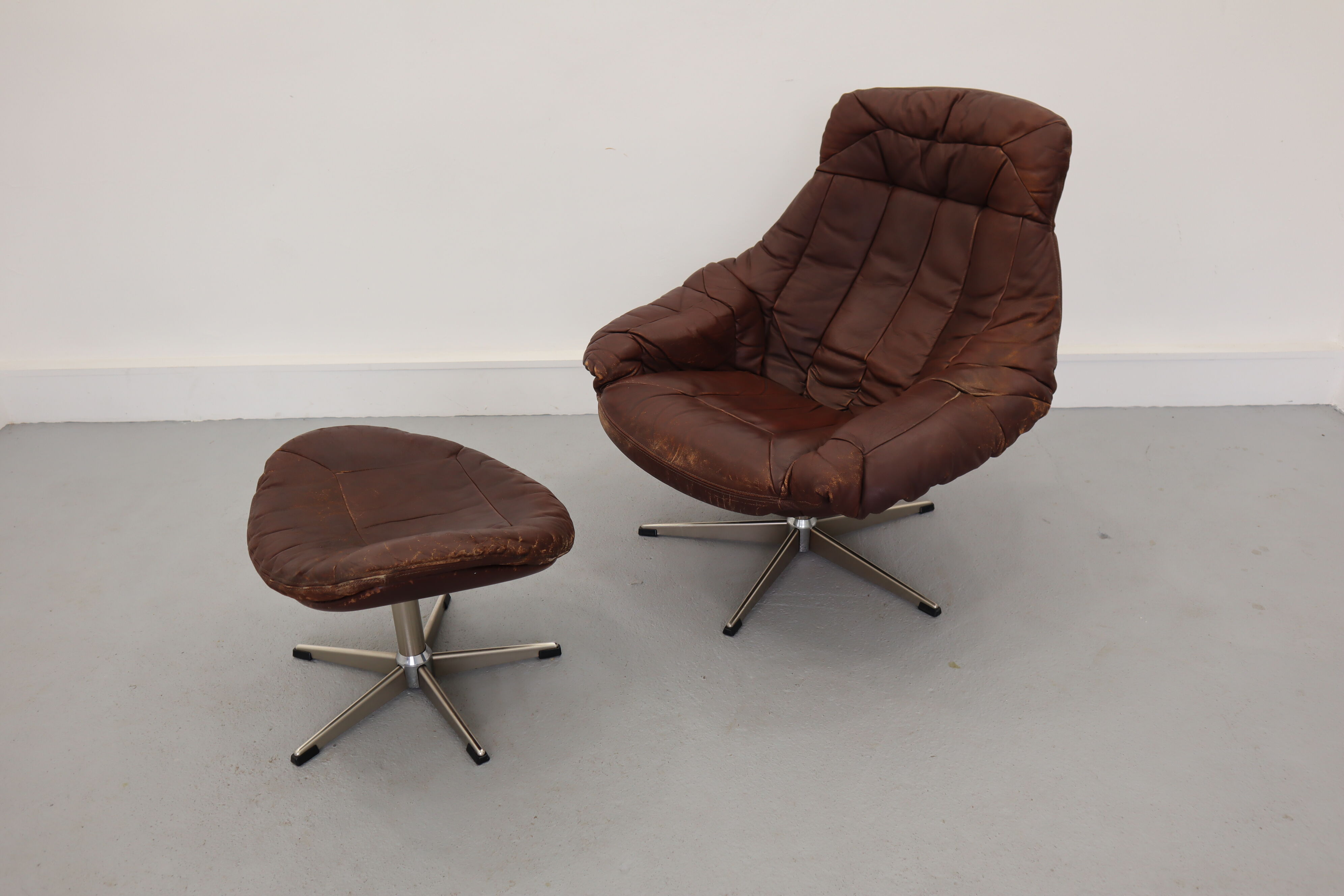 Swivel armchair and stool by h. w. klein for bramin, 1970s, set of 2