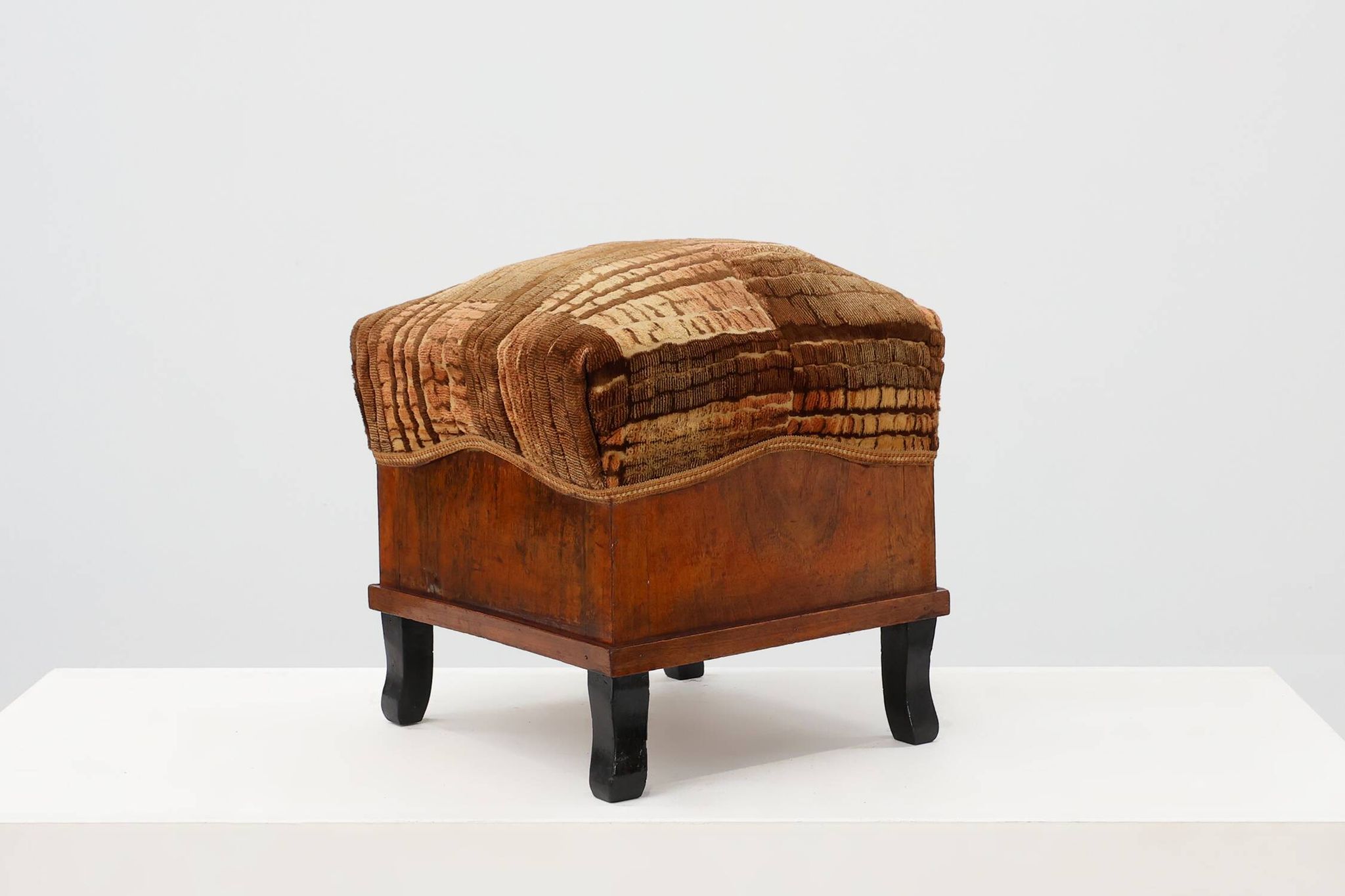 Pair Art Deco walnut stools with original velvet upholstery, Italy 1920s