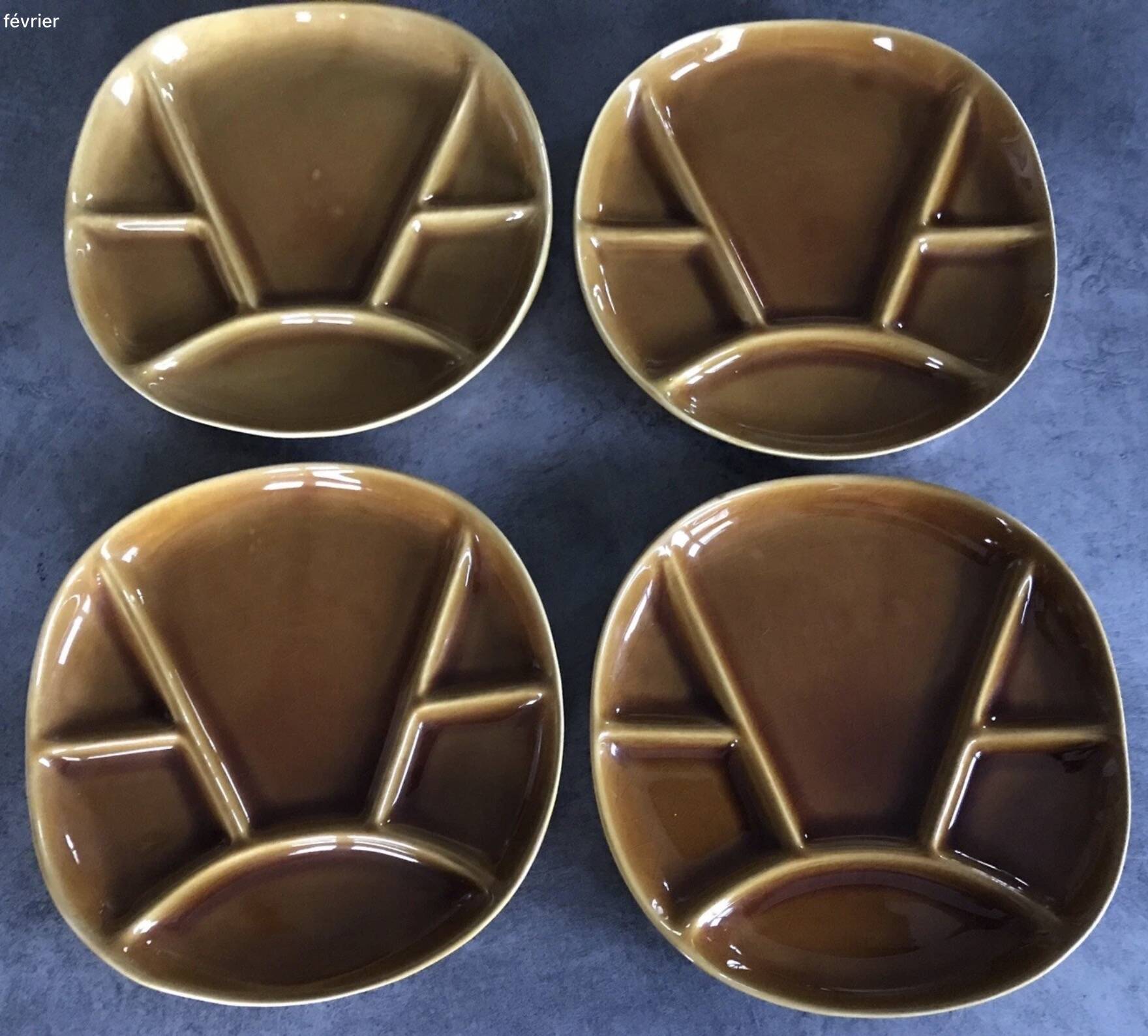 Set of 4 Fondue Plates in Longchamp Earthenware, Mustard Colour