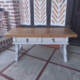 Patinated linen coffee table with raw top