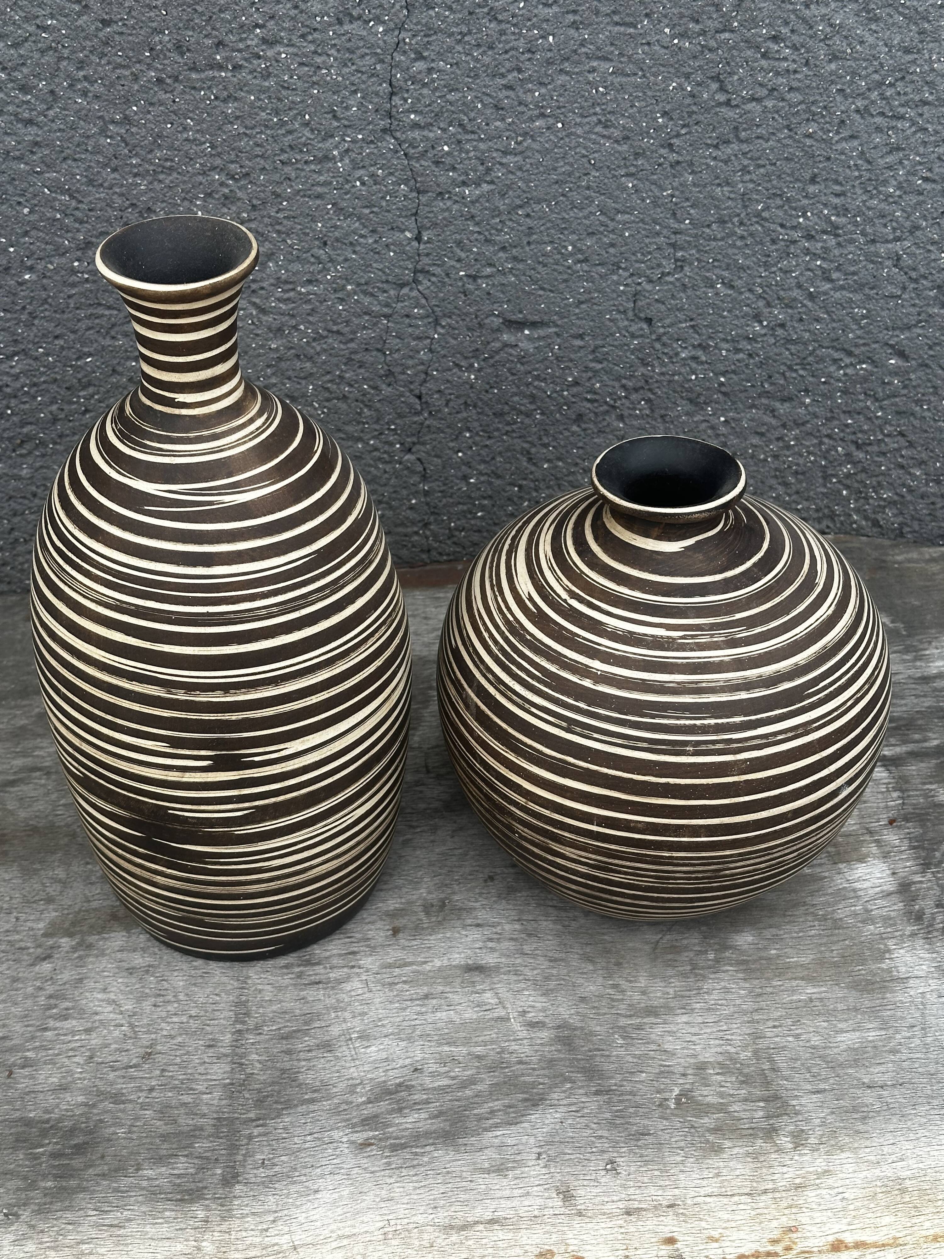 Two Vintage Ethnic Ceramic Vases in Cream and Brown Striped