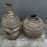 Two Vintage Ethnic Ceramic Vases in Cream and Brown Striped