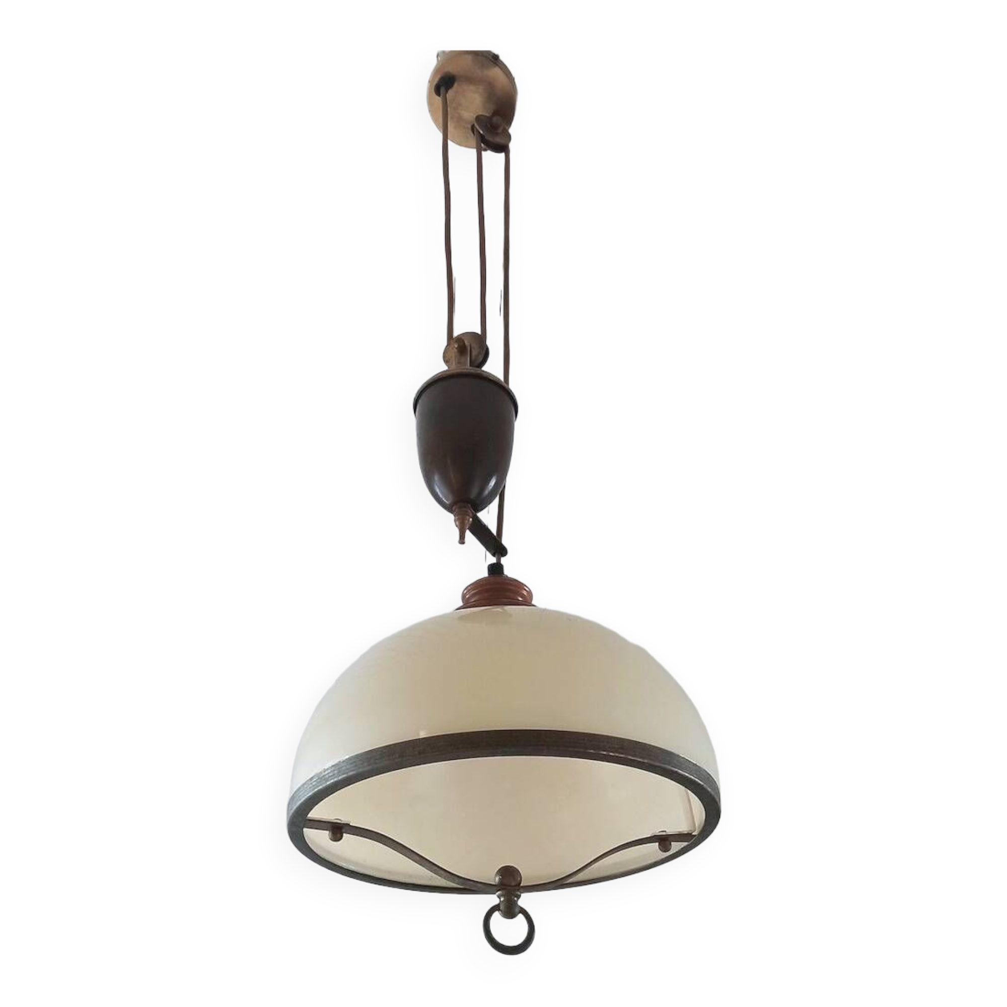 Old large pulley chandelier in brass and glass