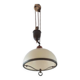 Old large pulley chandelier in brass and glass
