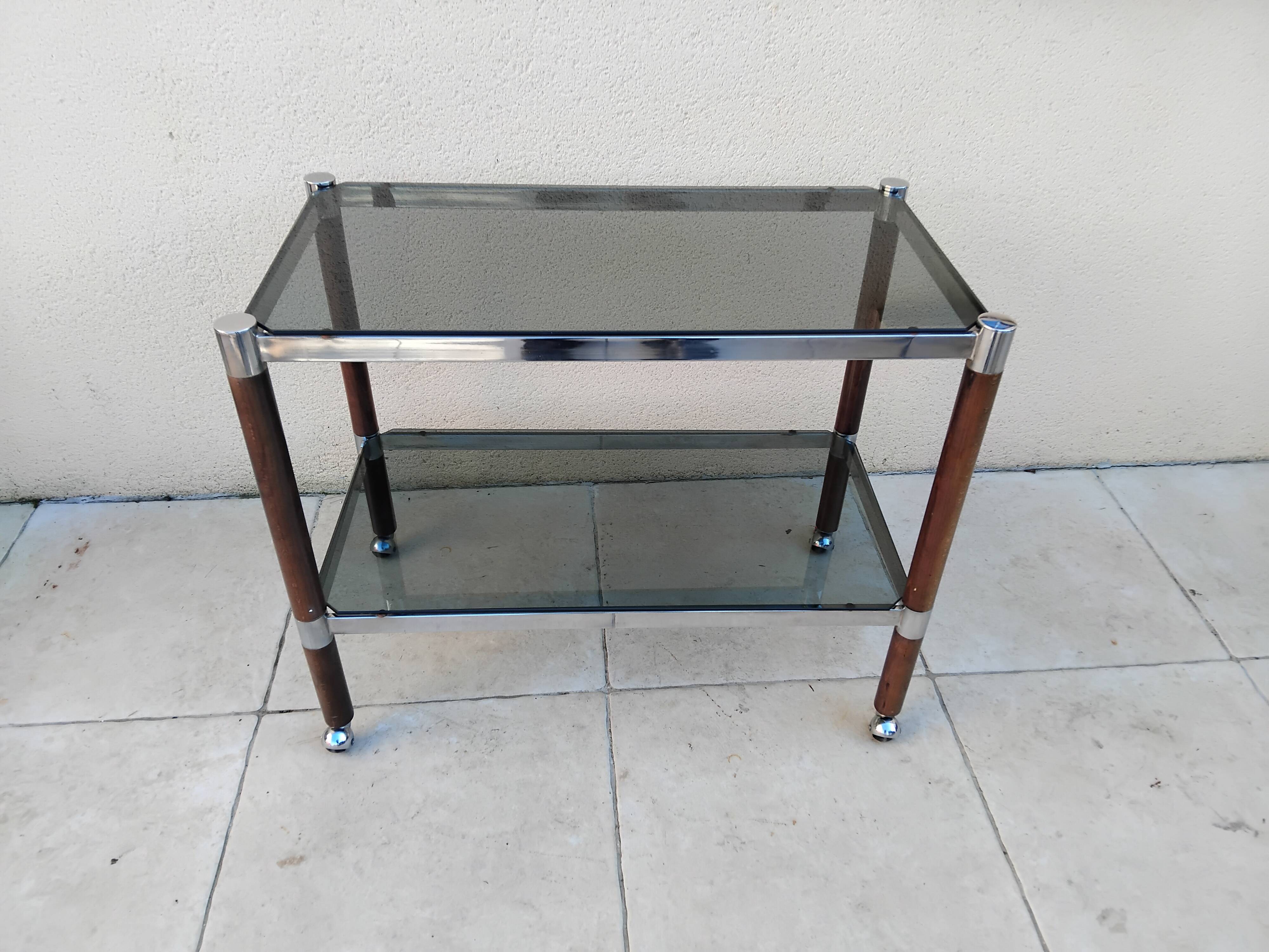Vintage wooden serving trolley with smoked glass, chrome metal and wood