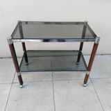 Vintage wooden serving trolley with smoked glass, chrome metal and wood