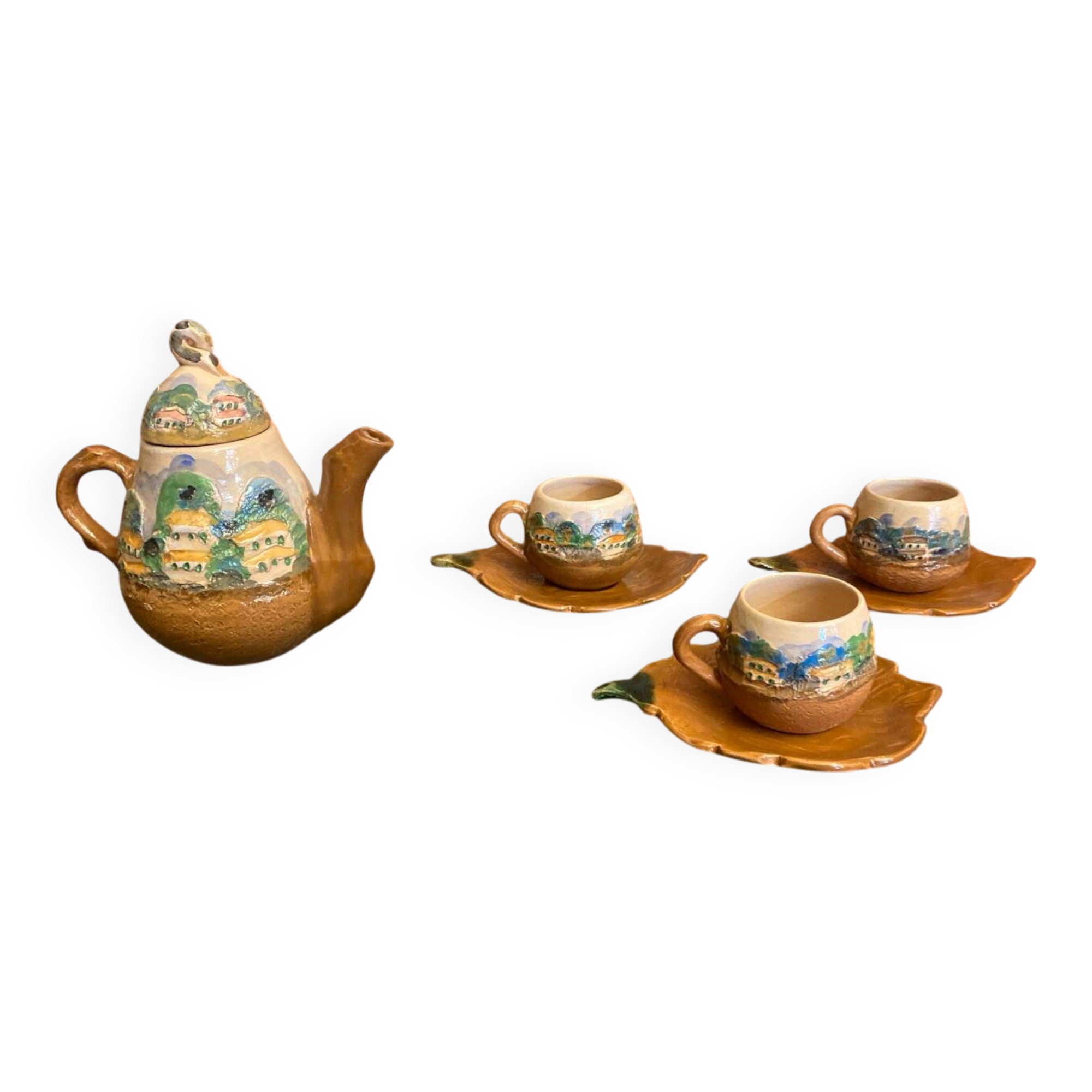 Teapot + 3 Antique Glazed Terracotta Cups Landscape Decor Vintage