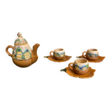 Teapot + 3 Antique Glazed Terracotta Cups Landscape Decor Vintage