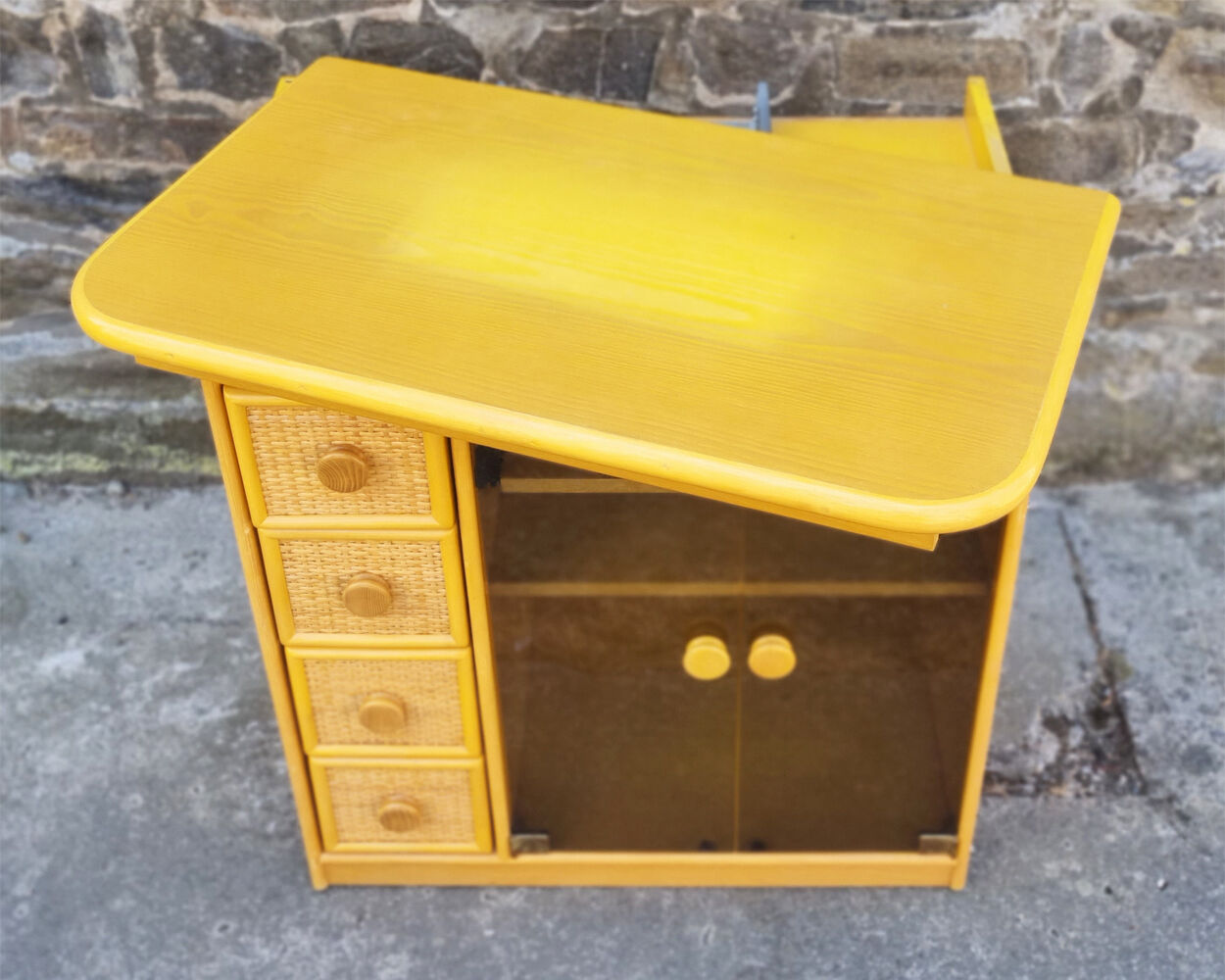 Furniture, HI FI, TV, vintage, Exodia, wood and rattan, 80s