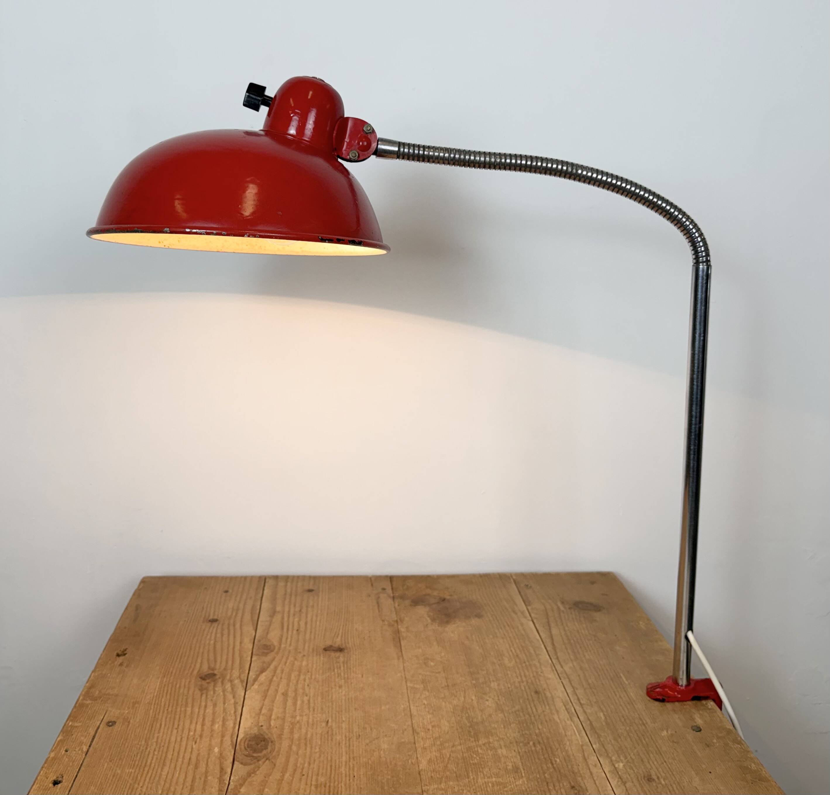 Large Red Industrial German Workshop Table Lamp from Helo Leuchten, 1950s