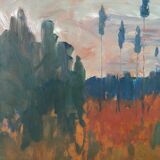 Peinture à l’huile de paysage vintage suédoise « Récolte d’automne » moderne du milieu du siècle, encadrée