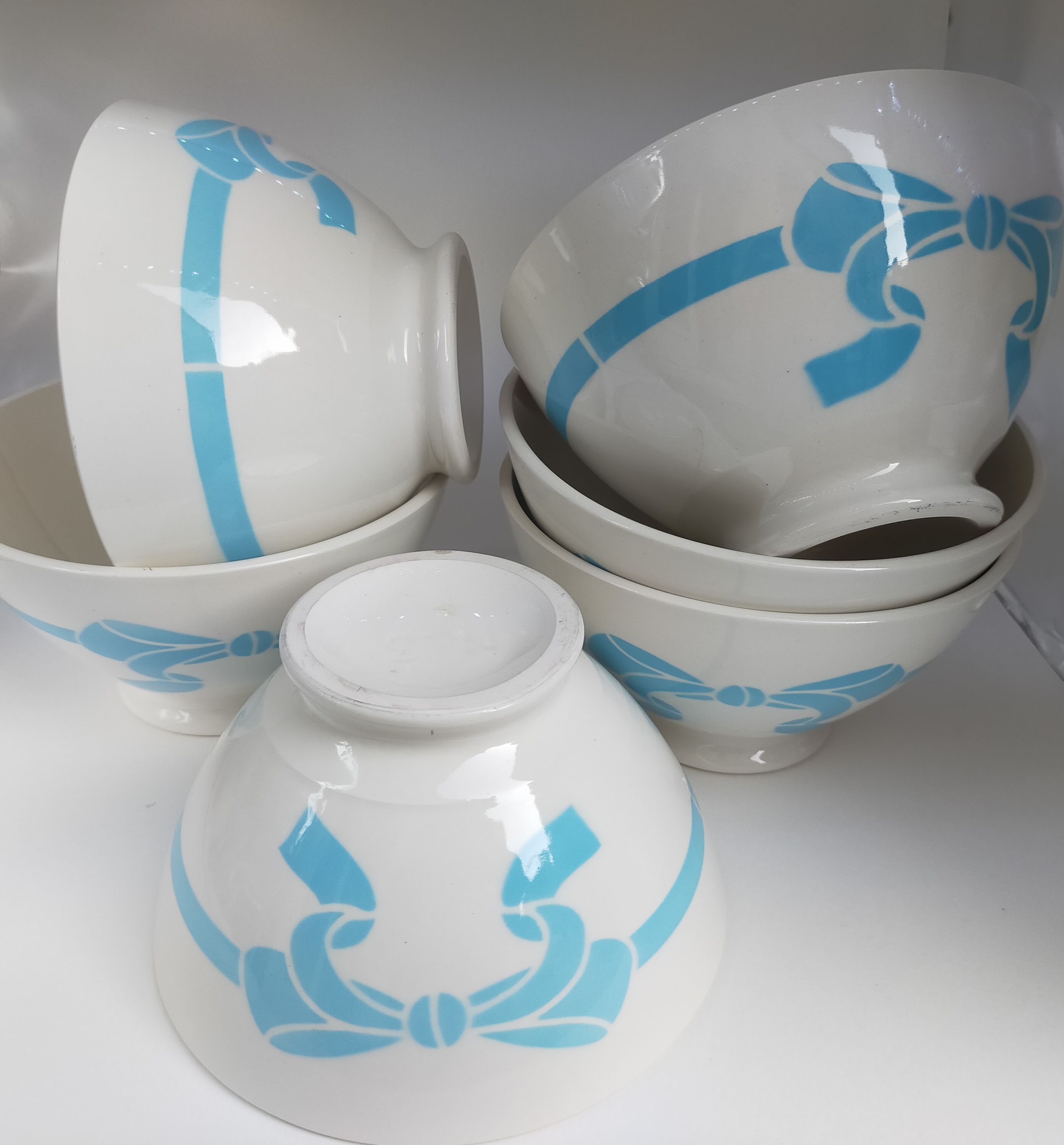 Old ceramic bowl earthenware white French blue ribbon of the 50s vintage