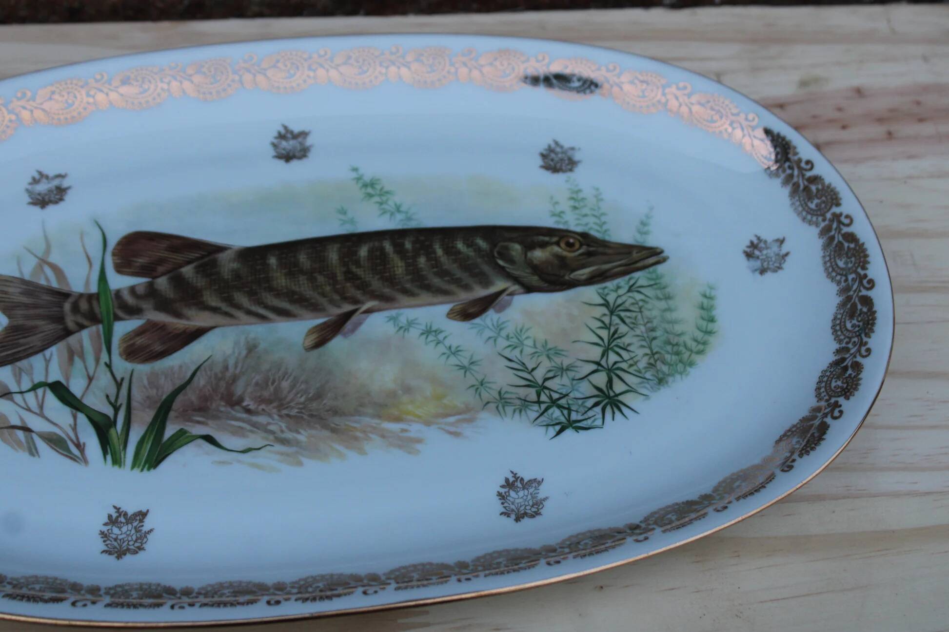 Large French porcelain dish L.C – Painted pike & gilded frieze