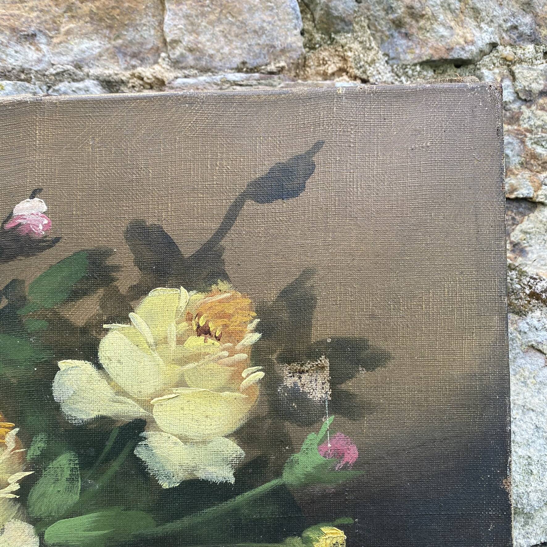 Old still life, old painting of flowers, bouquet of roses.
