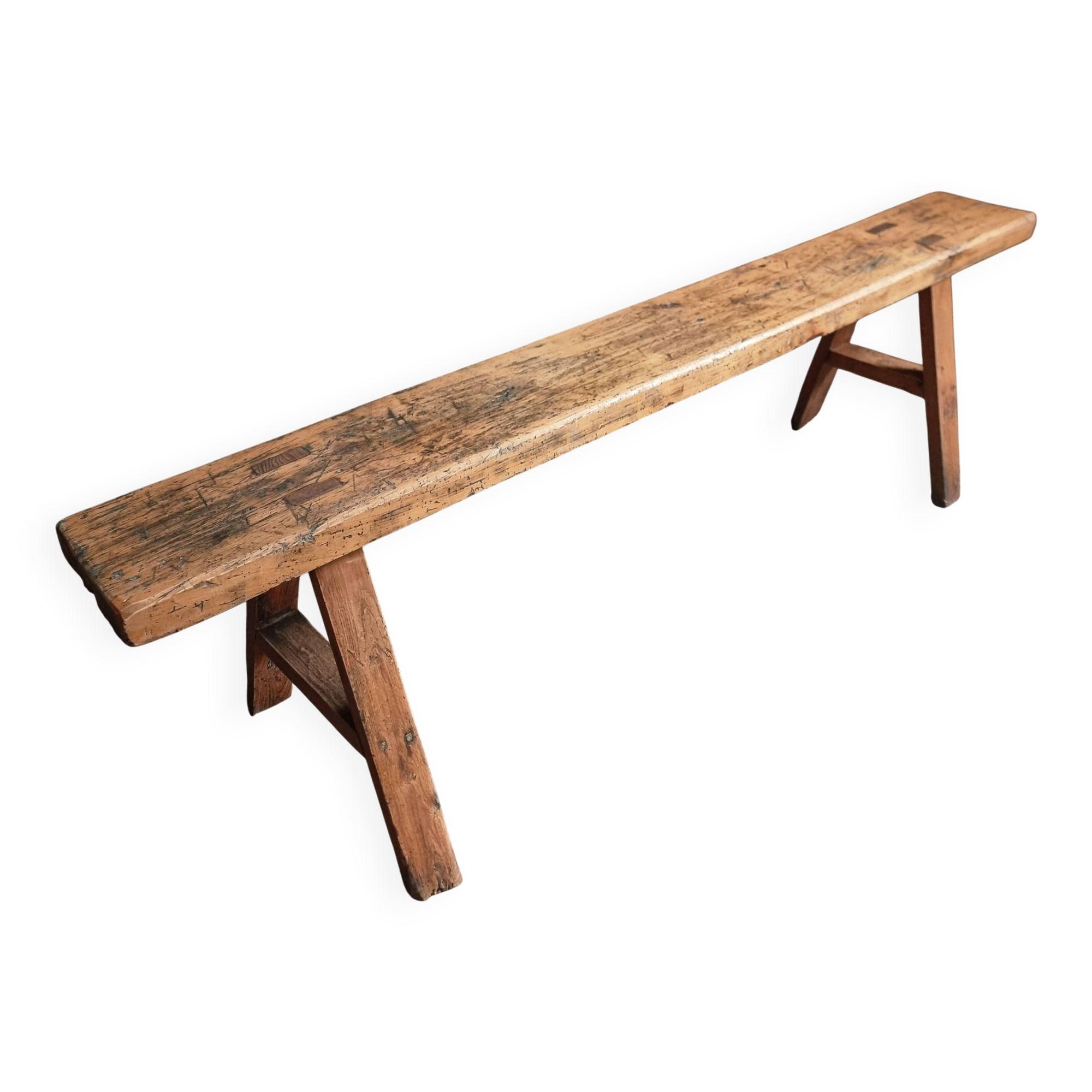 Rustic old wooden bench – early 20th century – seat in solid pine and base in chestnut.
