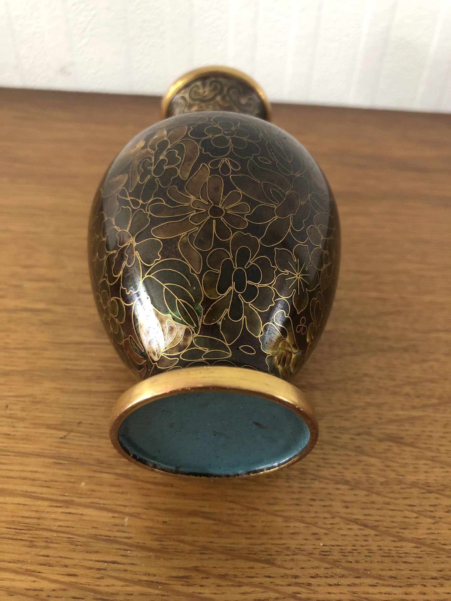 Chinese cloisonné vase in brass on wooden base floral motifs