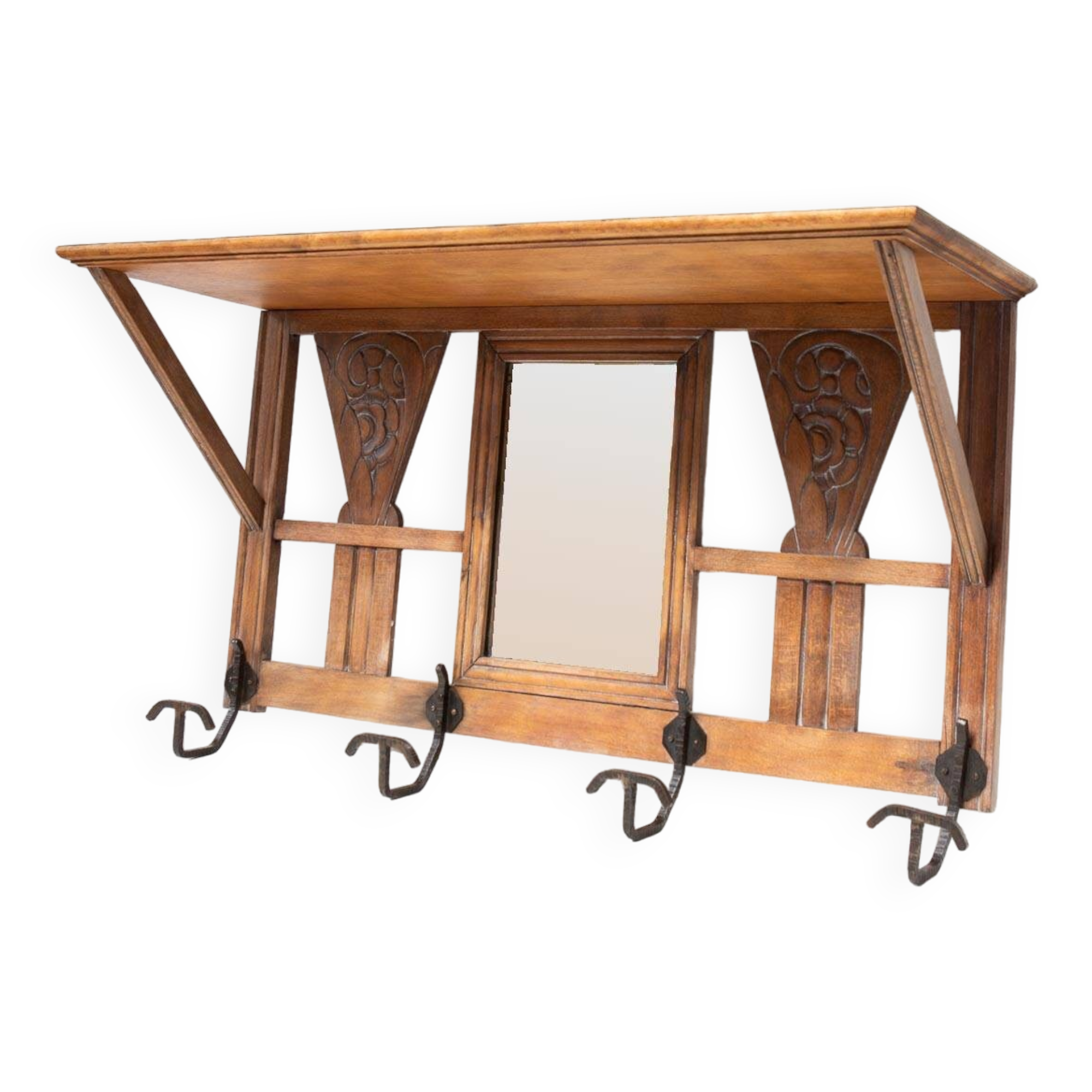 Ancien portemanteau français avec miroir style art déco vers 1930