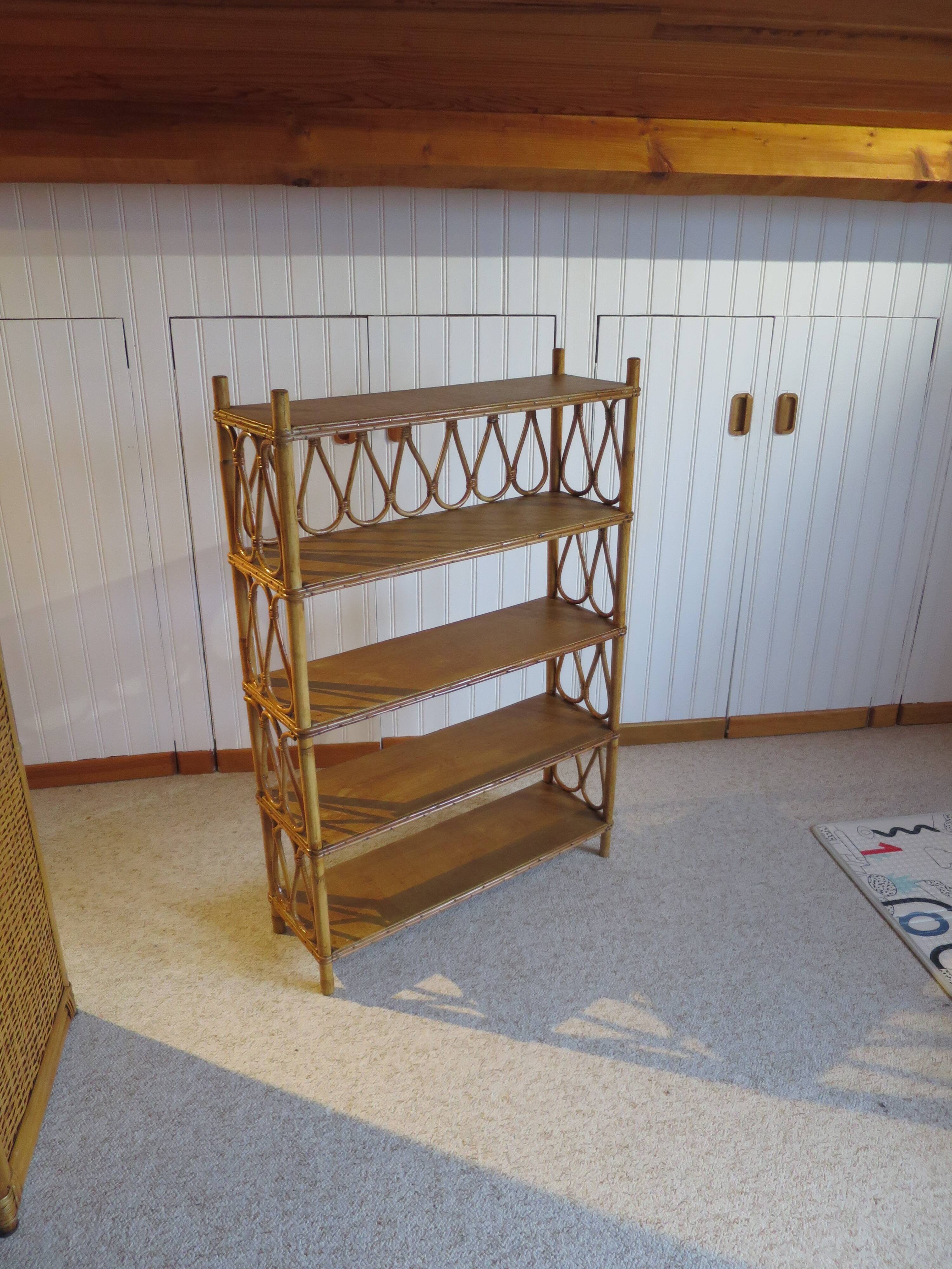 Wooden and rattan bookcase, 1970s-1980s