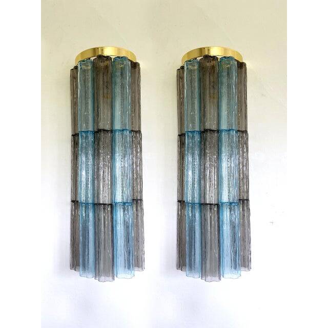 Set of 2 contemporary grey and light-blue "tronchi" murano glass wall sconce