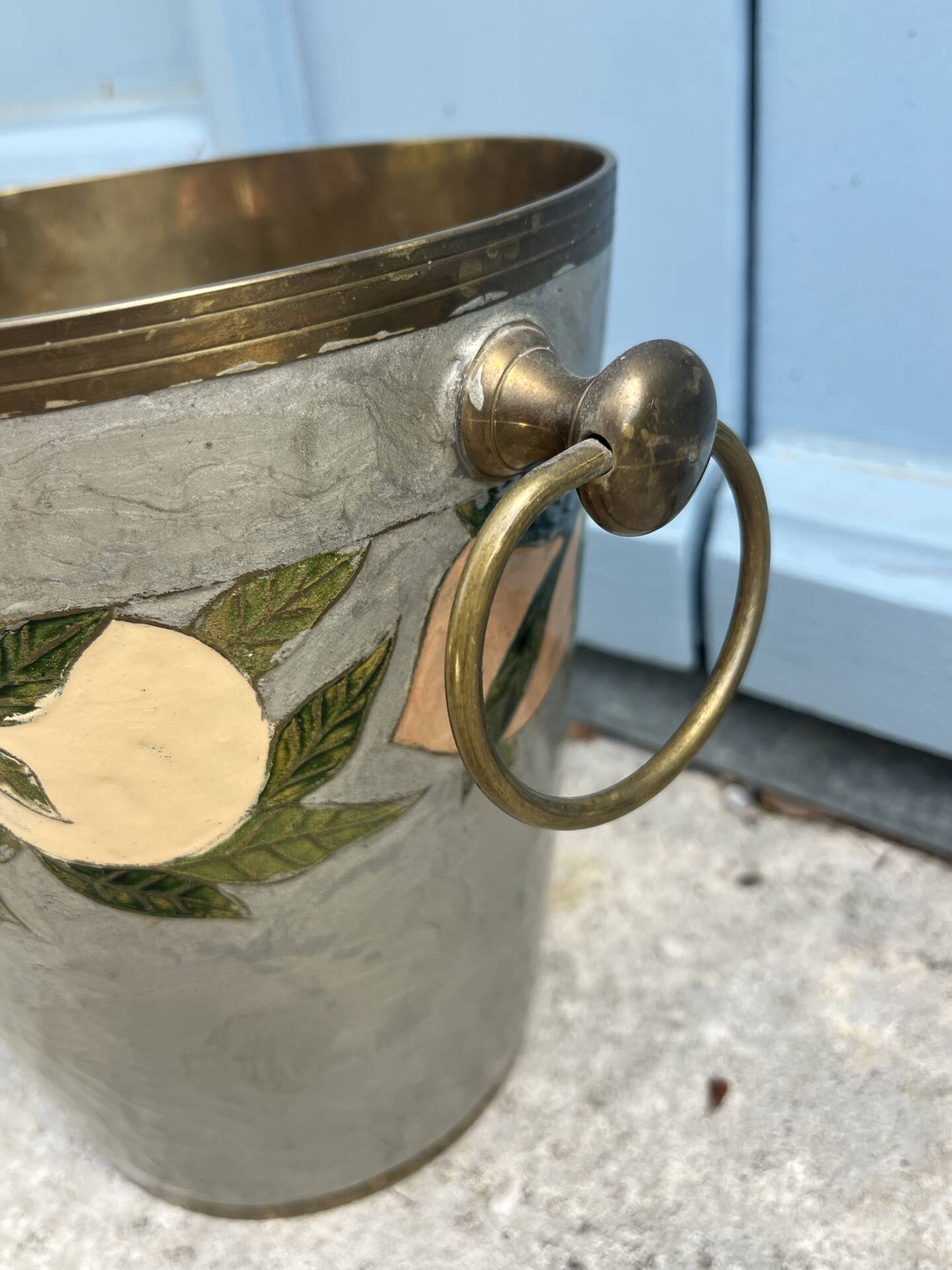 French Cloisonné Champagne Bucket with Fruit Garland & Brass Handles