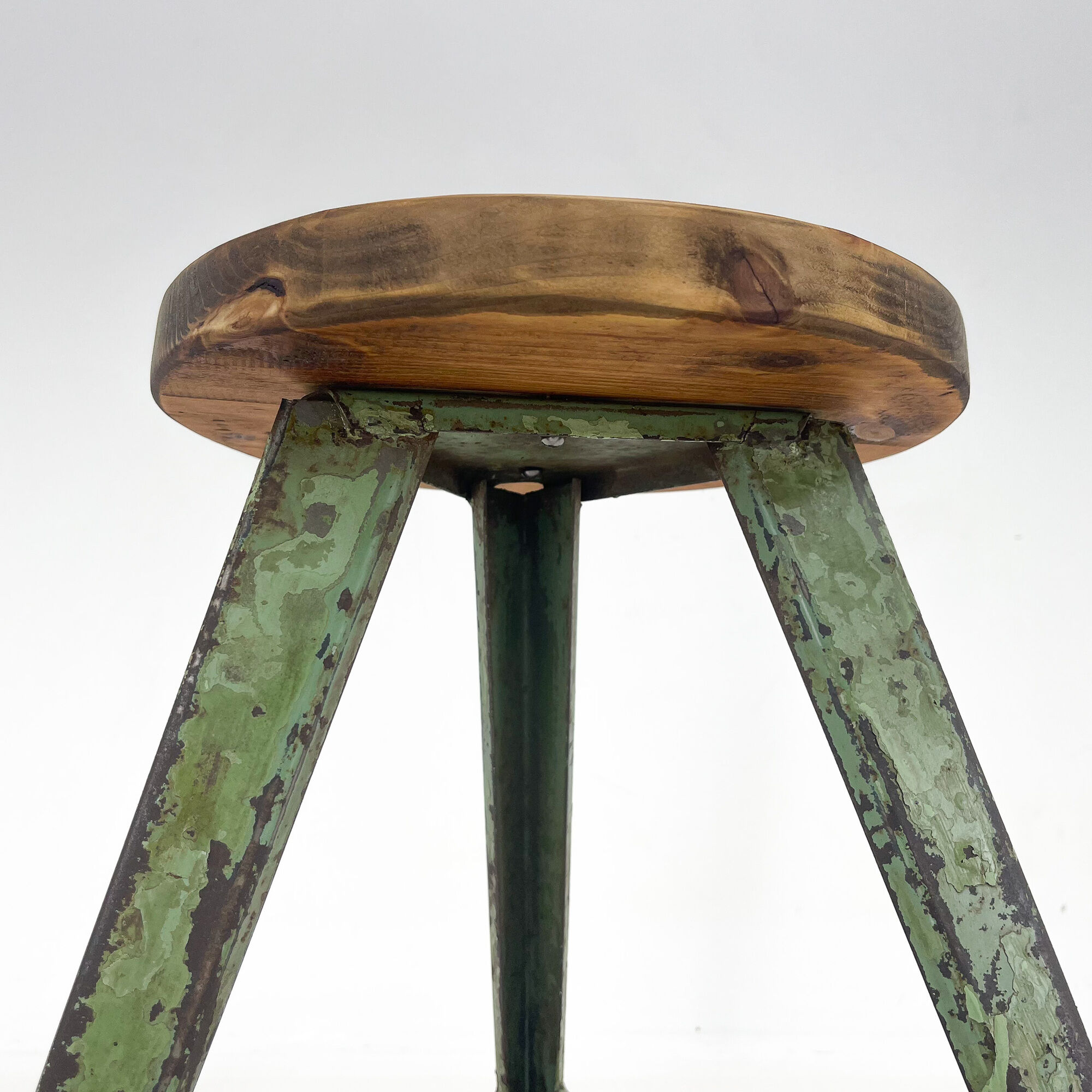Vintage Industrial Steel & Wood Tripod Stool with Original Patina, 1950's