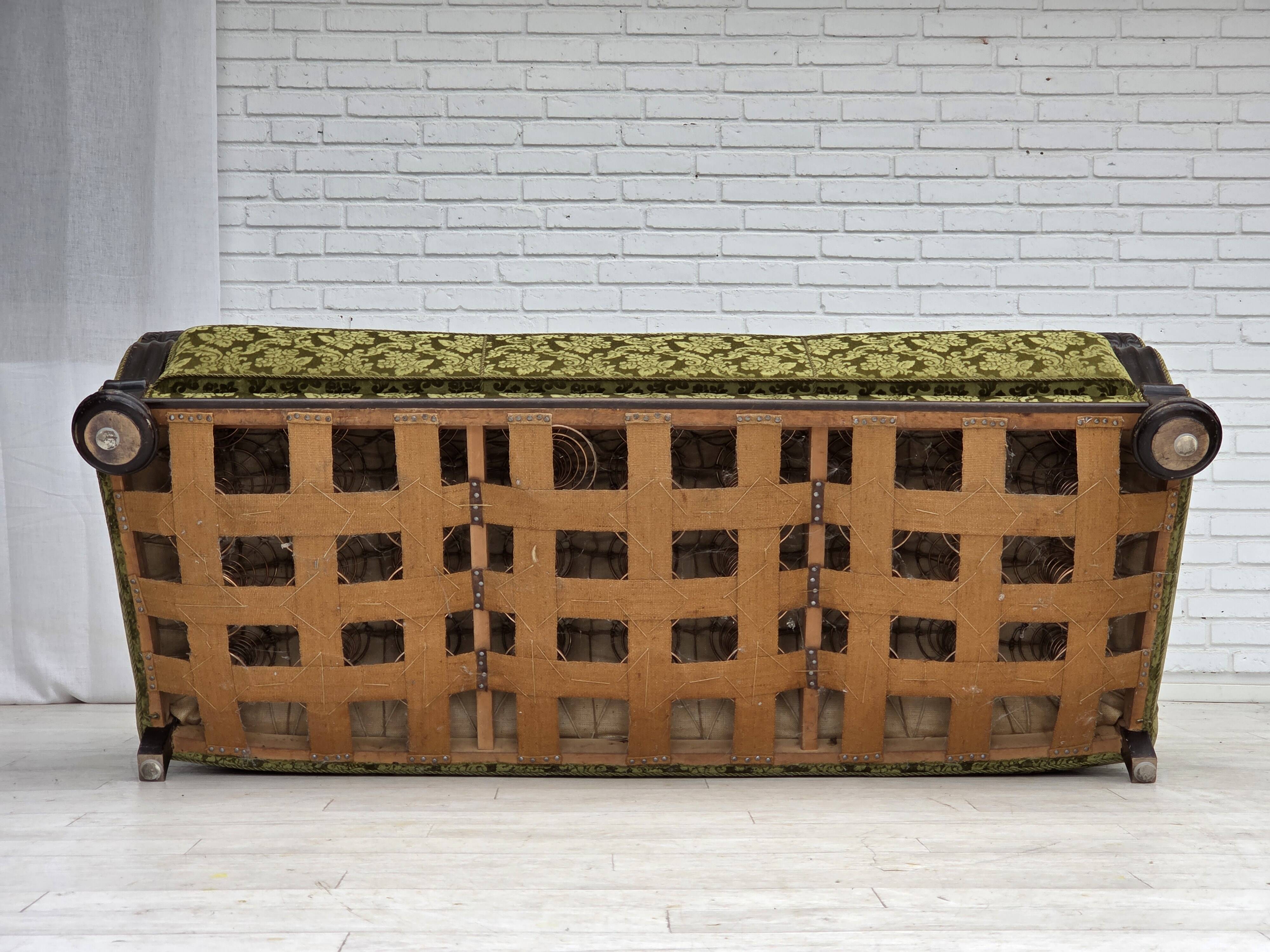 1960s, Danish 3-seater sofa, furniture velour, carved oak wood.