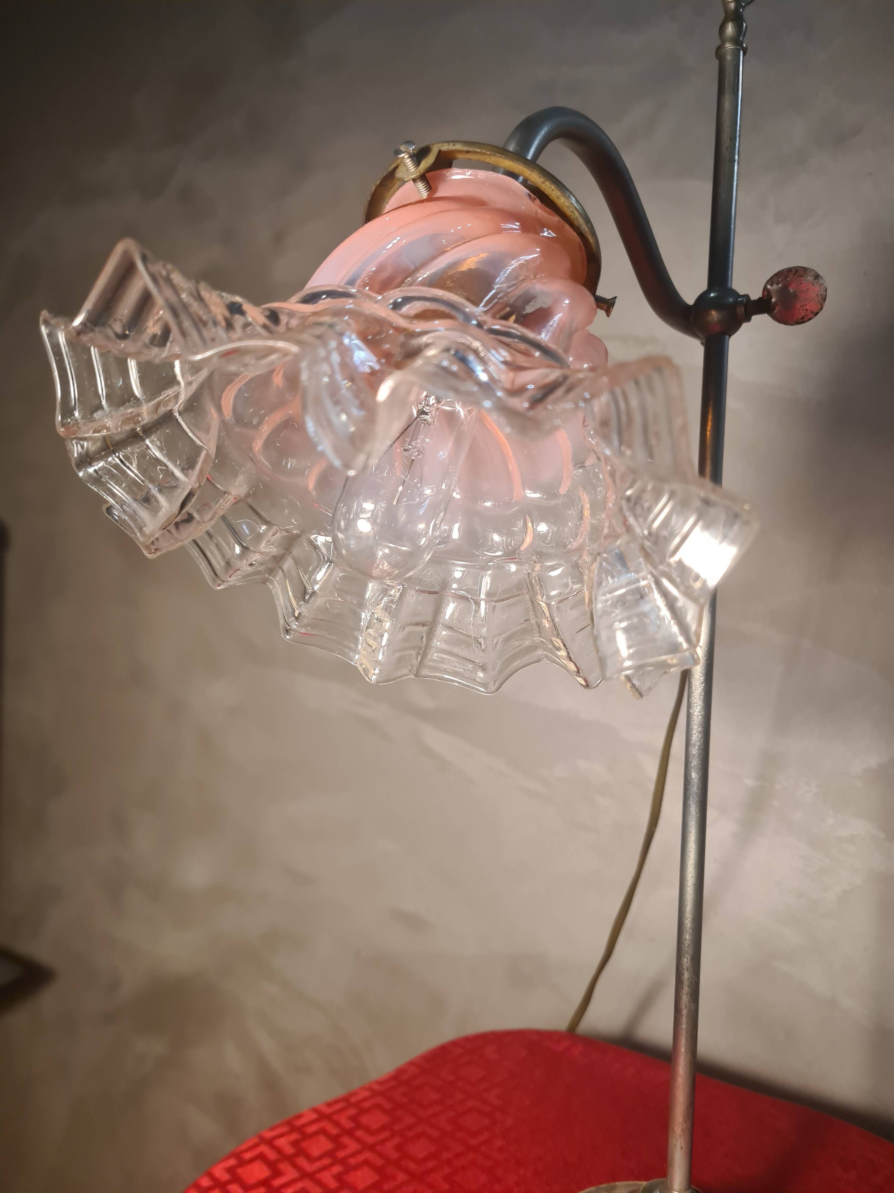 lampe de bureau laiton 1900 patine superbe 54x30 avec tulipe dentelle trans