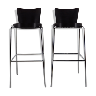 Midcentury chrome and wood bar stools by Ton, Czechoslovakia, 1980s