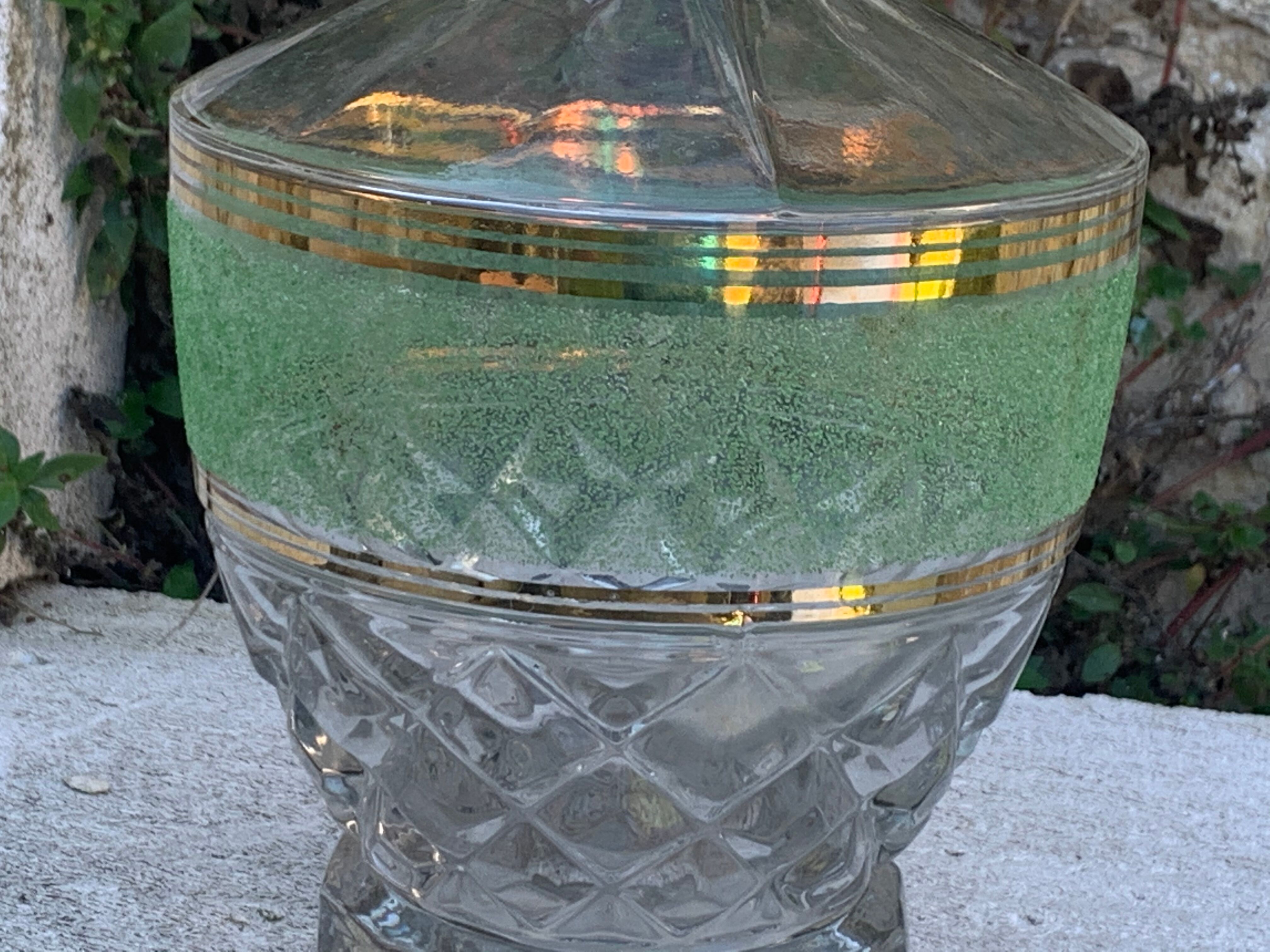 Green glass granite carafe and vintage gold edges 1950