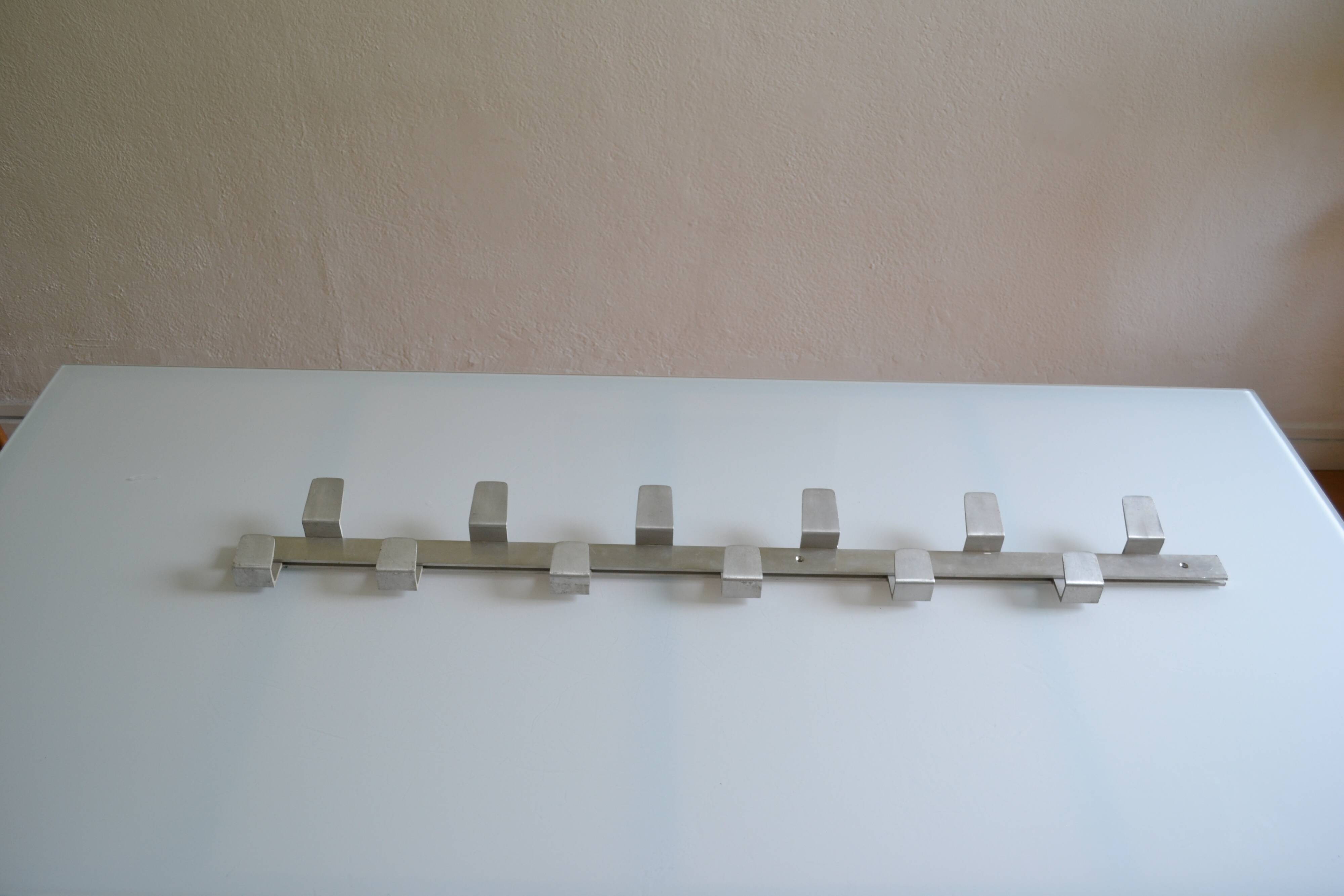 Vintage 70s brushed aluminum metal 12-hook wall coat rack