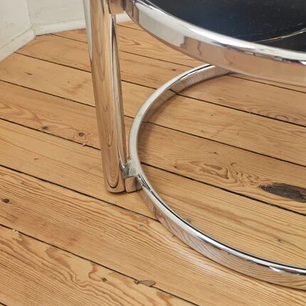 Vintage coffee table with 3 levels and rotating trays in chrome metal and smoked glass - Space Age 1970s.